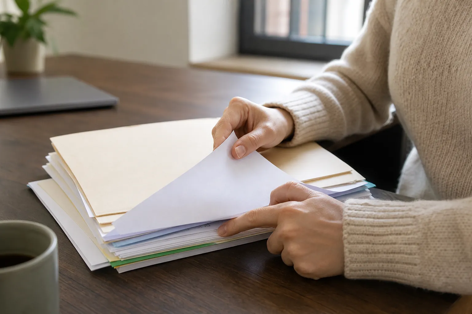 A person in a cream sweater reviews a stack of papers and folders at a wooden desk beside a coffee mug and closed laptop.