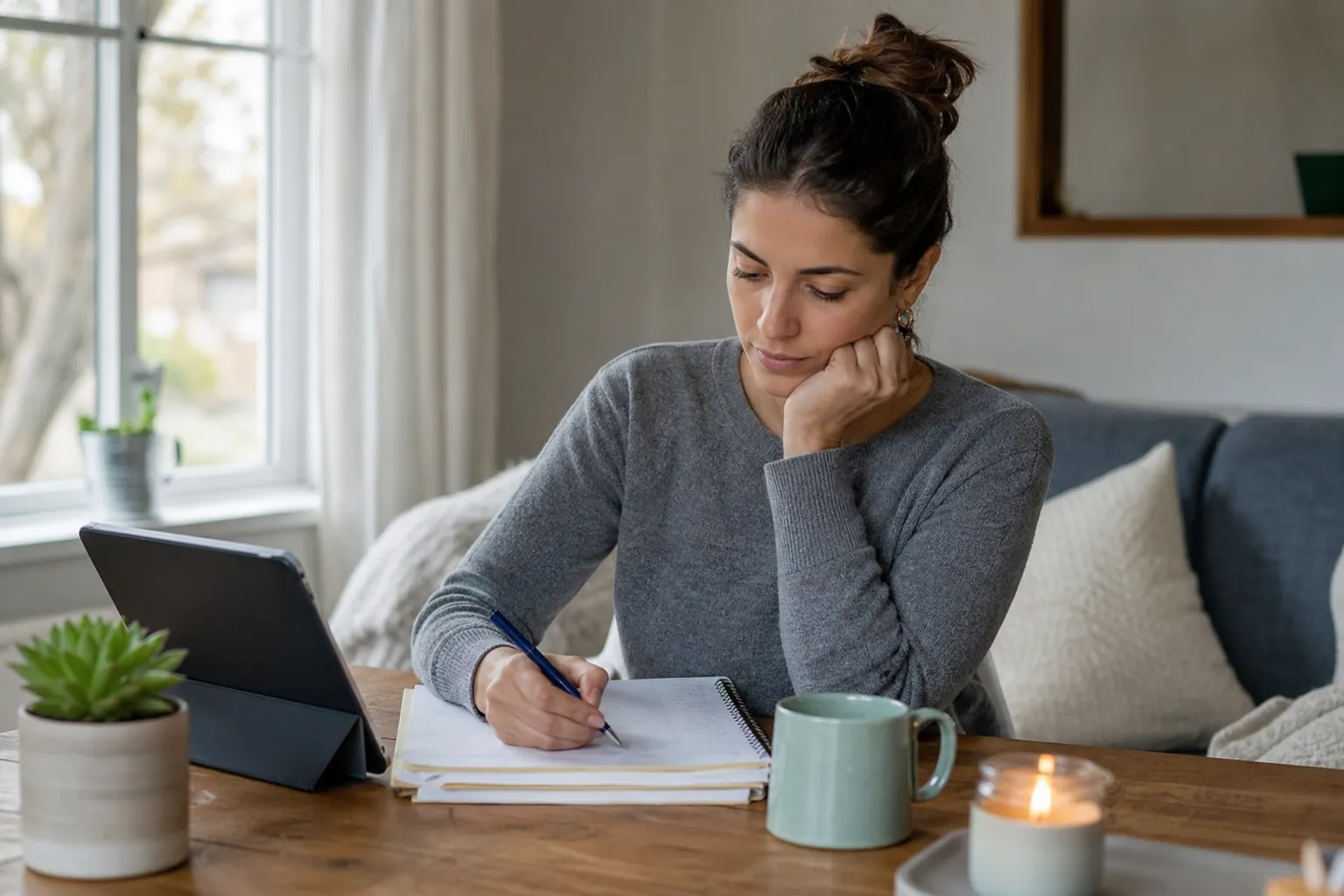 A woman rests her chin on one hand while writing in a notebook beside a tablet, mug, and lit candle at home.