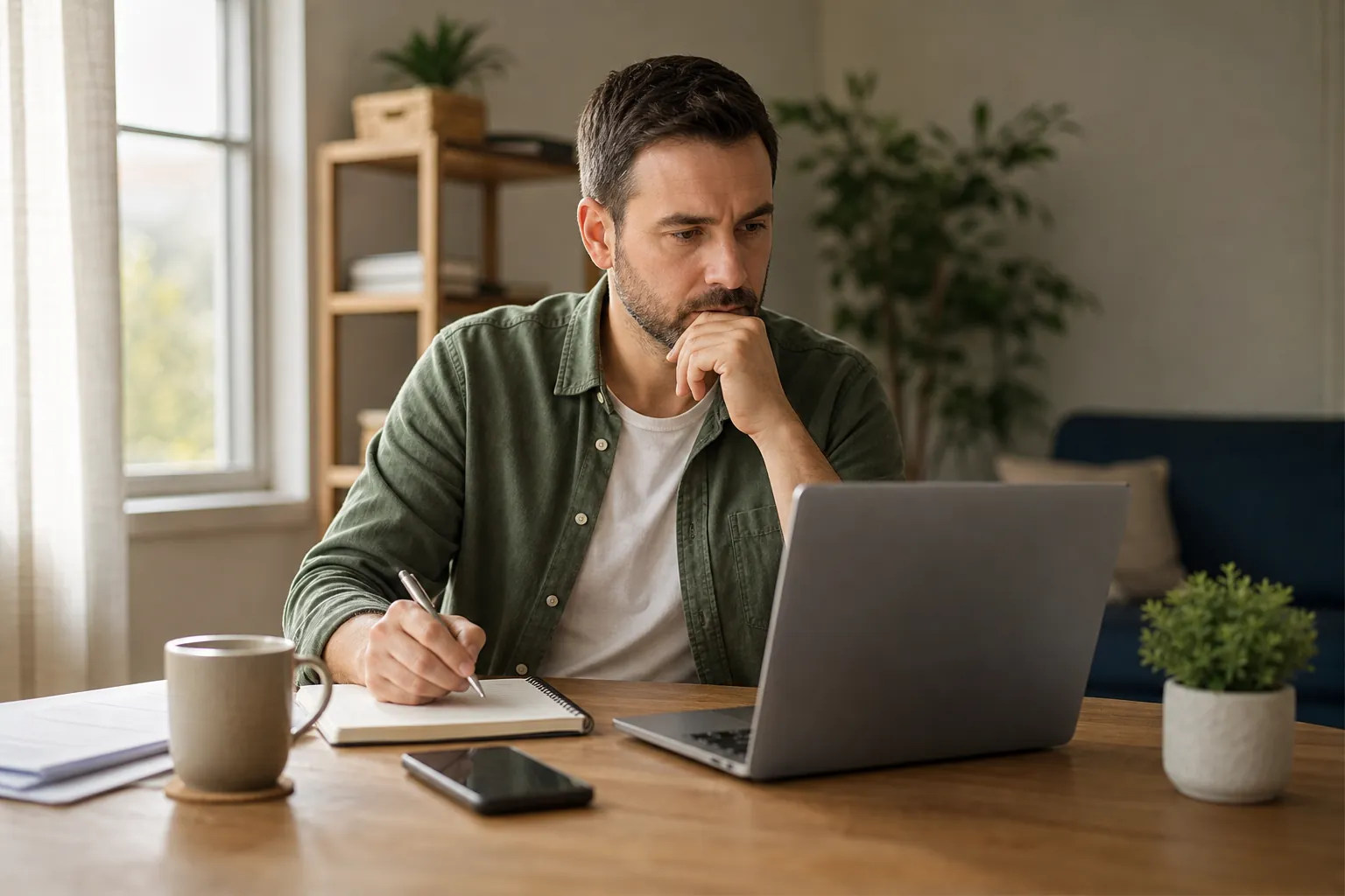 A thoughtful man rests one hand against his chin while holding a pen over a notebook beside a laptop at a wooden table.