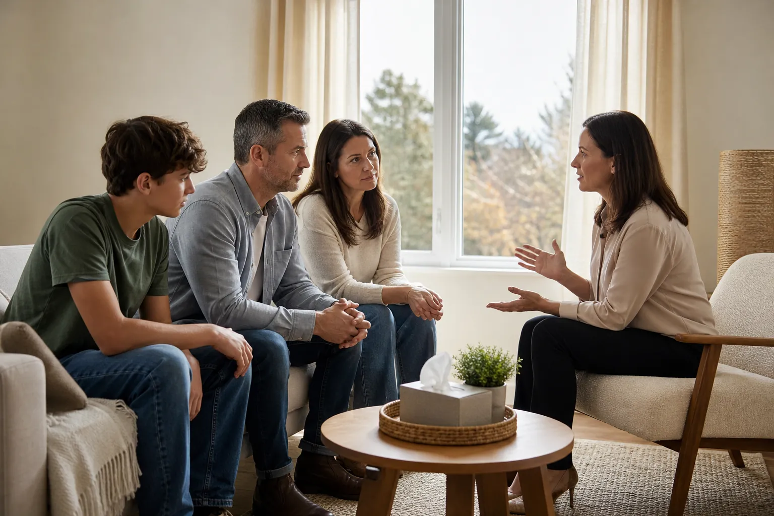 A teenager and two adults sit on a sofa facing a woman gesturing during a counseling session in a bright room.