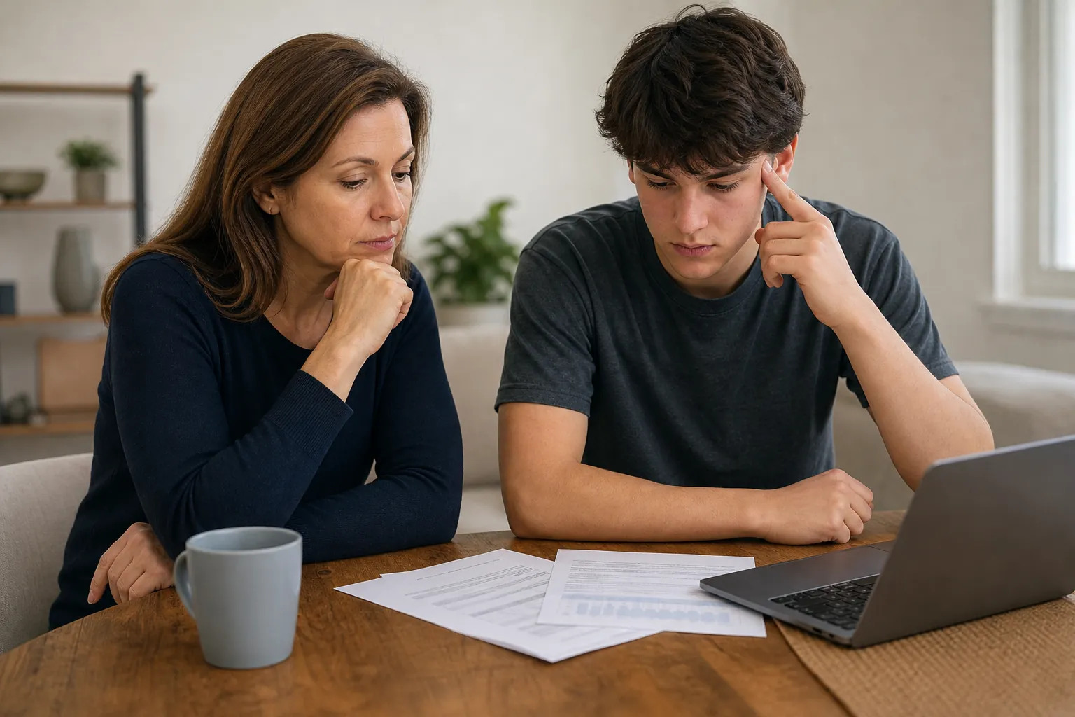 A woman and a young man review paperwork beside an open laptop and a gray mug at a wooden table.