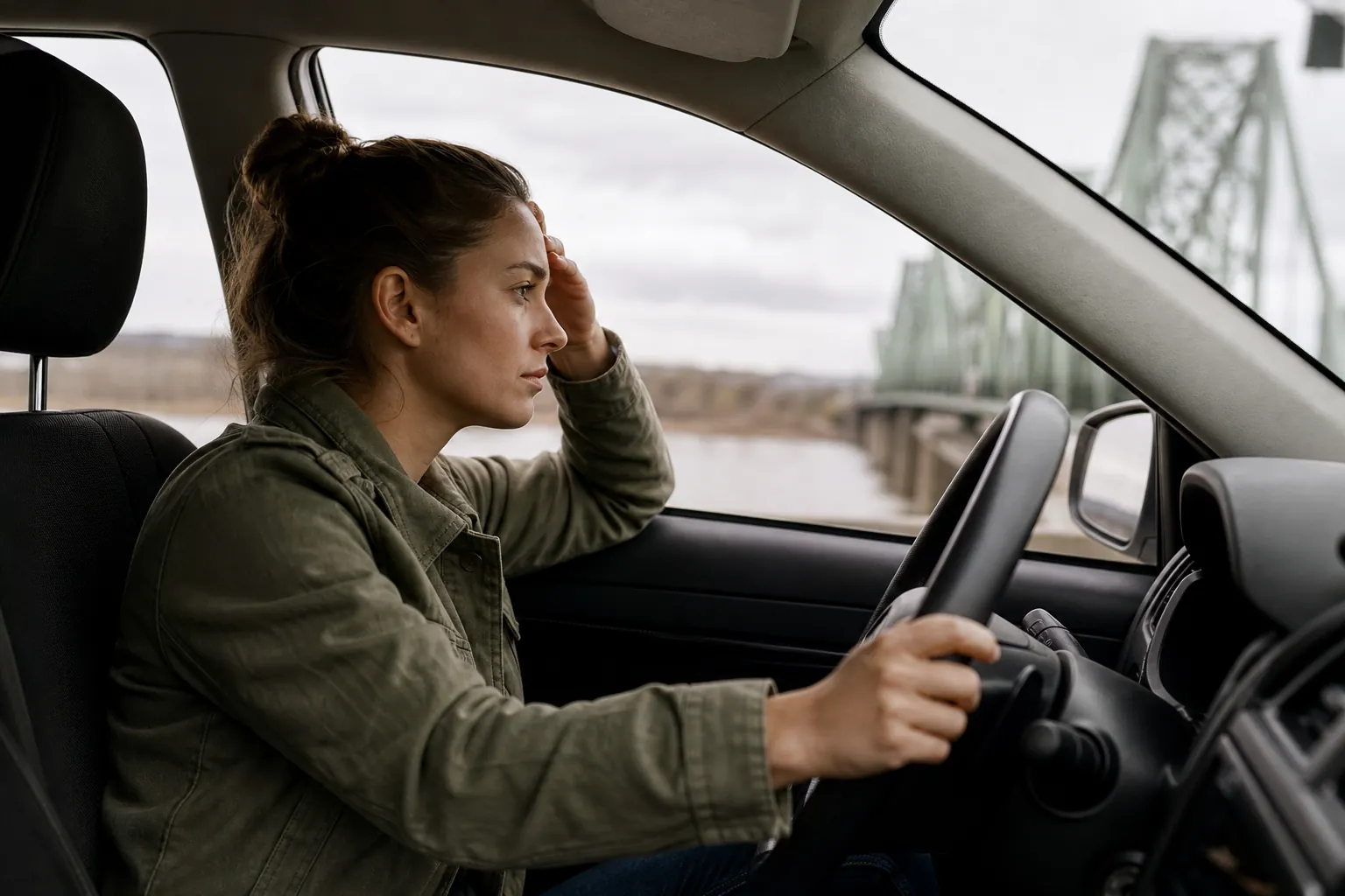 A concerned-looking woman sits in the driver's seat, holding the steering wheel and touching her forehead, with a bridge outside.