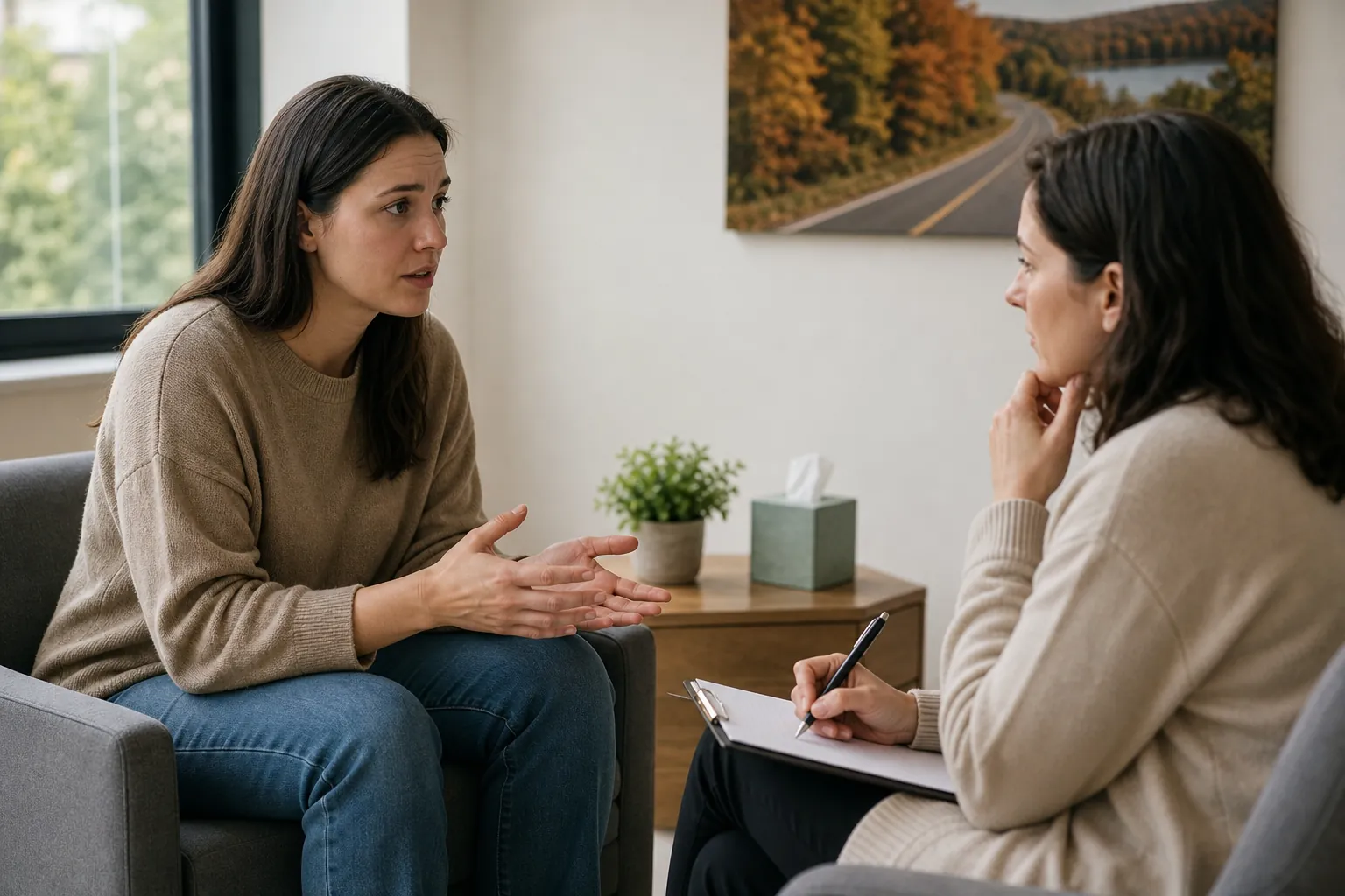A woman gestures while speaking with a clinician holding a pen and clipboard, with a winding-road print on the office wall.