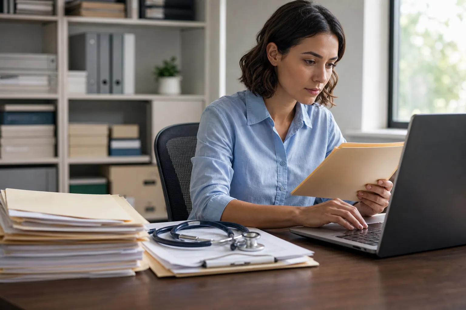 Woman reviews a folder while using a laptop at a desk with stacked paperwork, a clipboard, and a stethoscope.