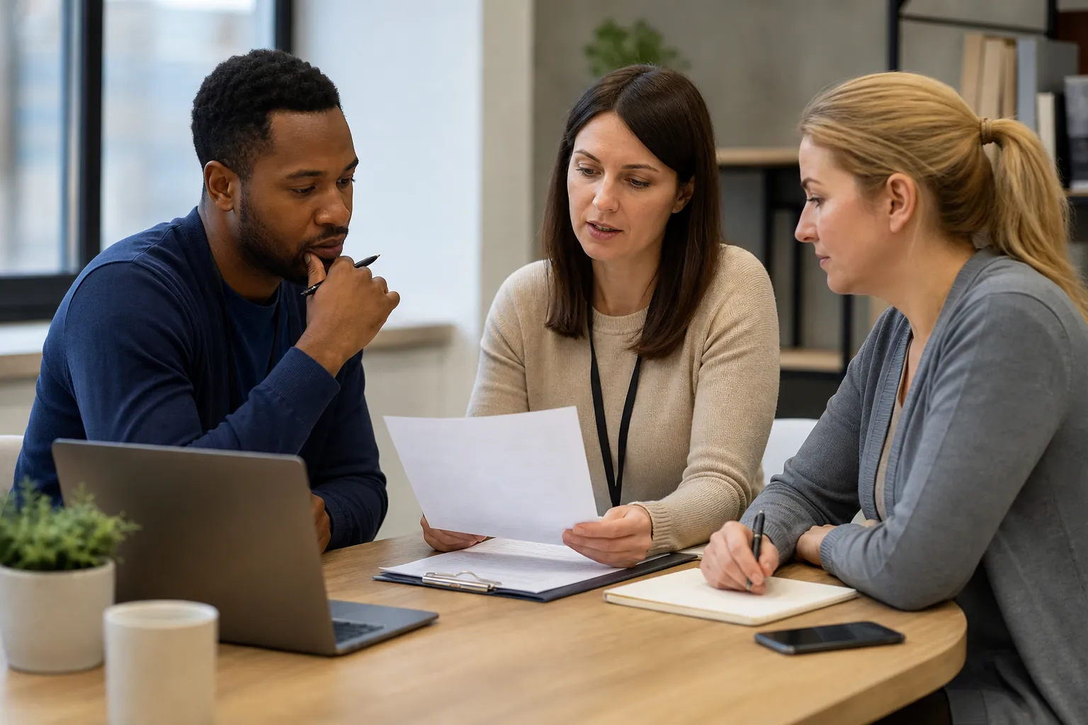 Three adults review a paper document at a table with a laptop, clipboard, and notebook while one takes notes.
