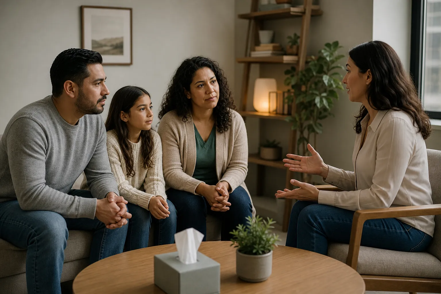 Family Counseling Conversation in a Comfortable Office A man, woman, and young girl sit together facing a woman who gestures during a family counseling conversation.