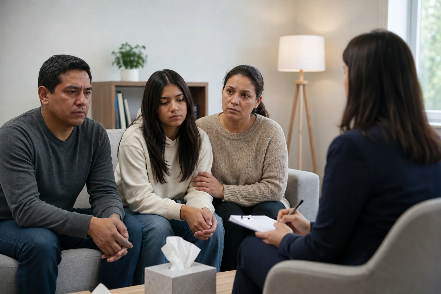 Family Counseling Session With a Clipboard Three family members sit closely on a sofa facing a counselor with a clipboard, with a tissue box on the table.