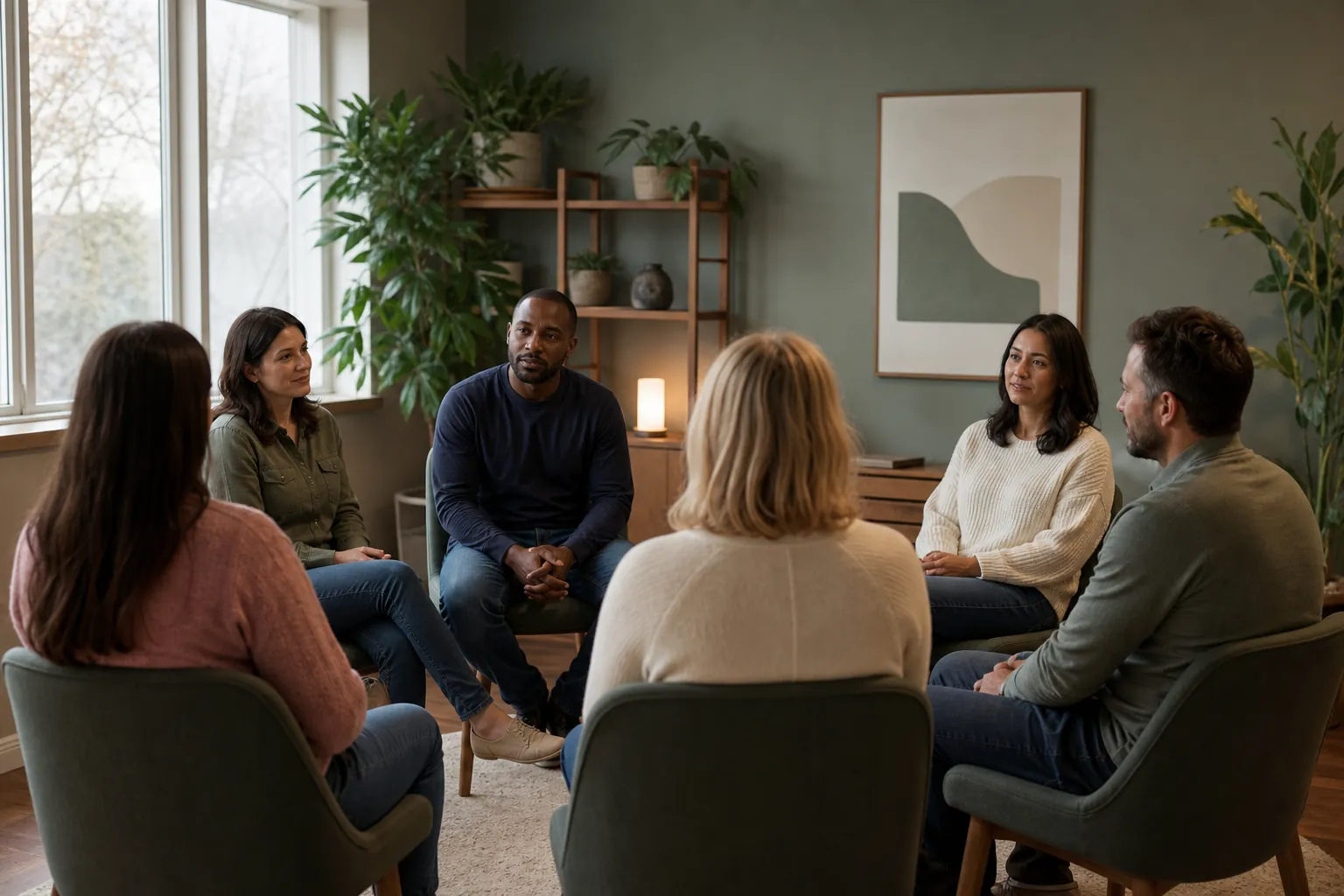 Group Therapy Discussion in a Comfortable Meeting Room Six adults sit in a circle for a group discussion in a softly lit room with large windows, plants, and framed abstract art.