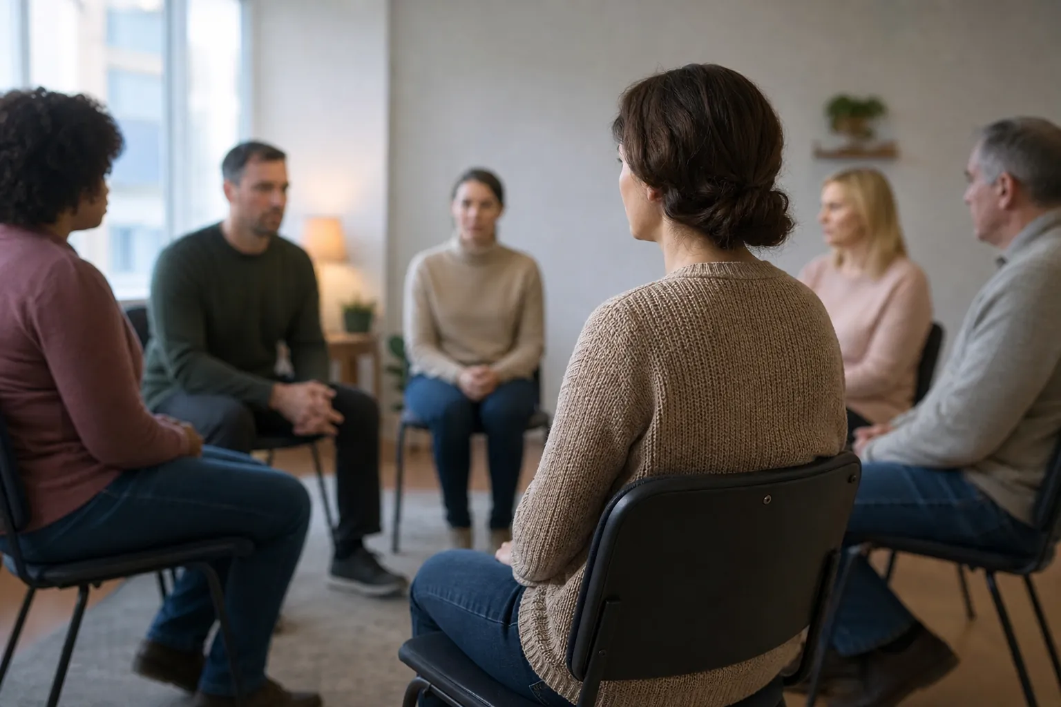 Adults Seated in a Circle for Group Therapy Six adults sit on chairs in a circle in a softly lit room, suggesting a group therapy discussion.