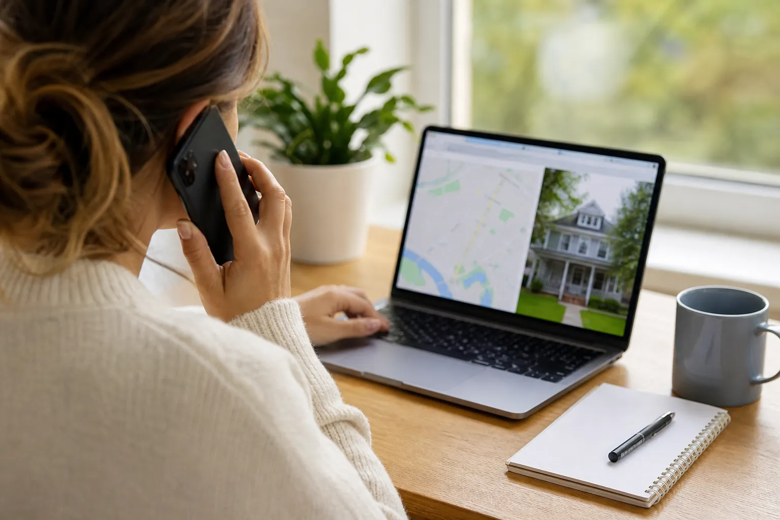 Checking an Address Online While Making a Phone Call A woman holds a phone to her ear while viewing a map and house on a laptop, with a notebook and pen beside her.