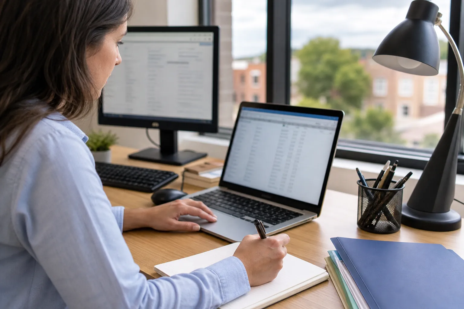 Reviewing Digital Records and Taking Notes at a Desk A woman writes in a notebook while reviewing a laptop at a desk with a second monitor, folders, and a desk lamp.