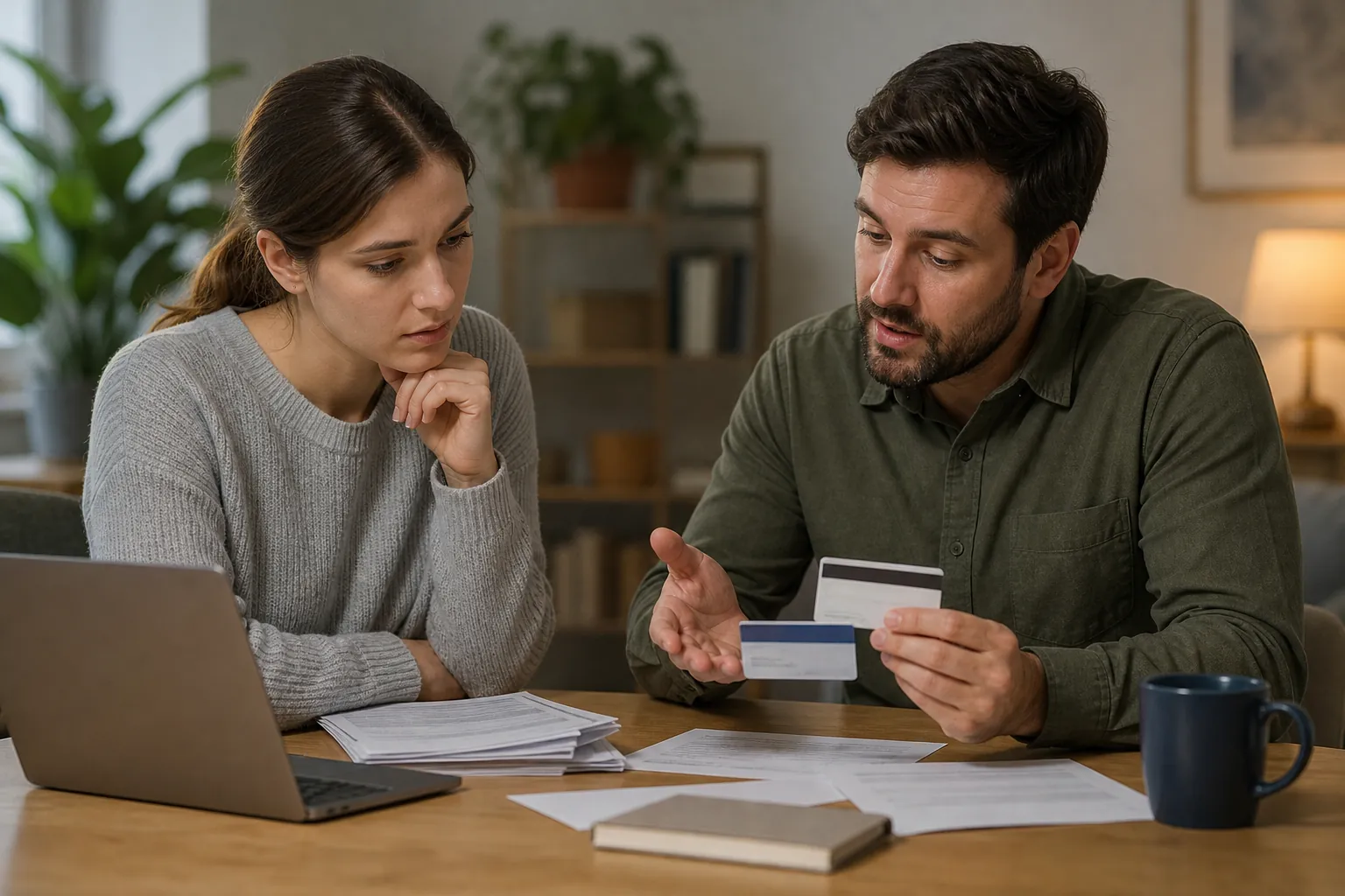 A man holds two cards while a woman reviews them beside a laptop and paperwork spread across a wooden table.