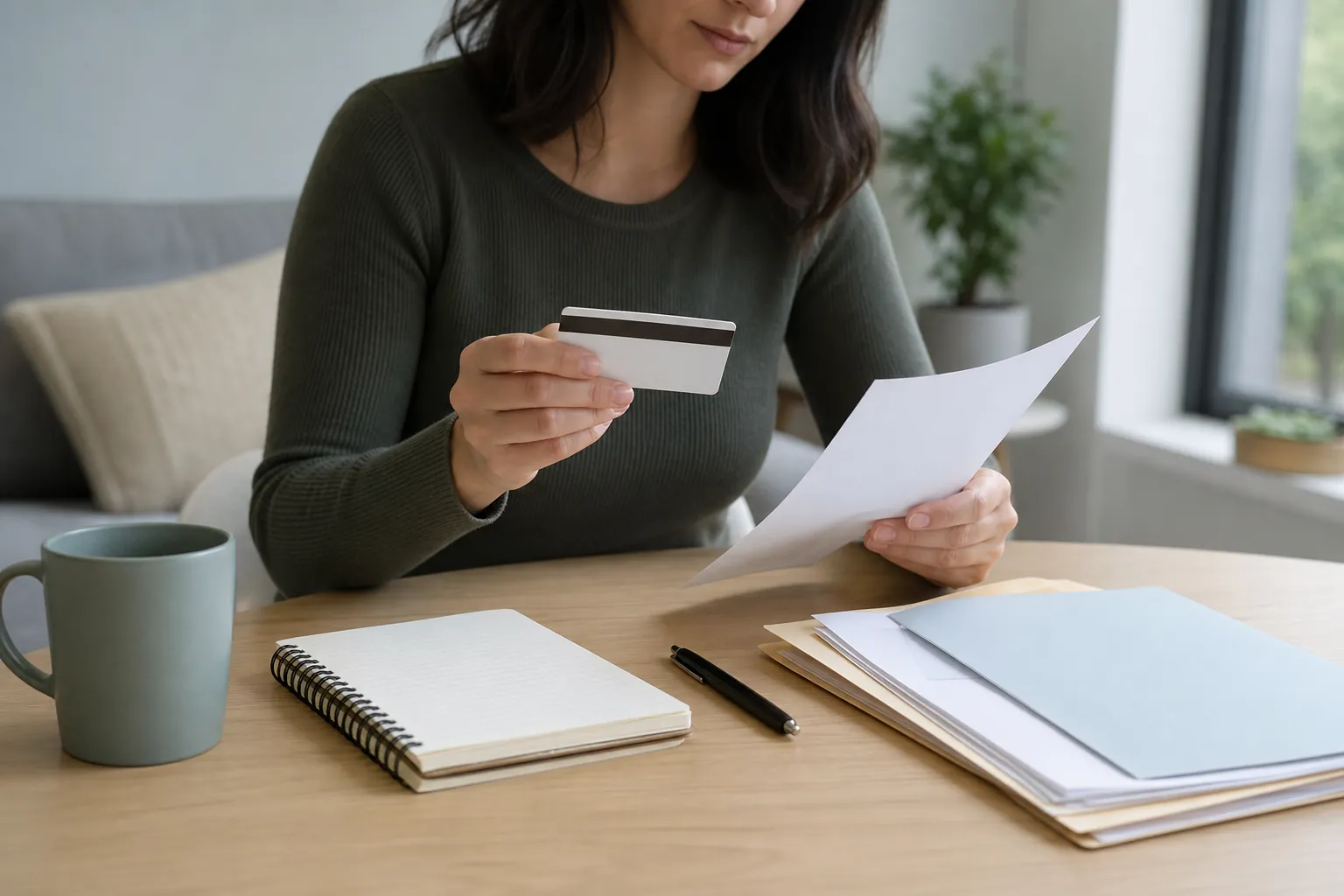 A woman examines a blank magnetic-stripe card and a sheet of paper at a table with a notebook, pen, mug, and folders.
