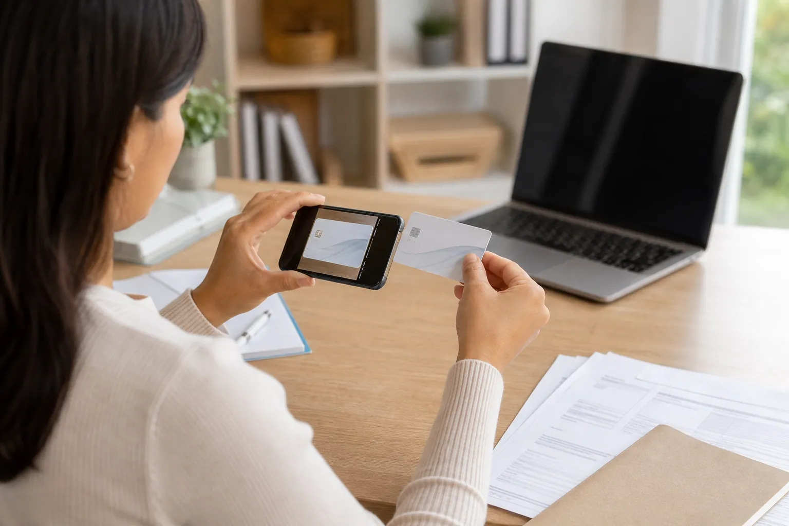 Photographing a Card for Insurance Benefits Review A woman uses a smartphone to photograph a card at a wooden desk with an open laptop, paperwork, and a folder.