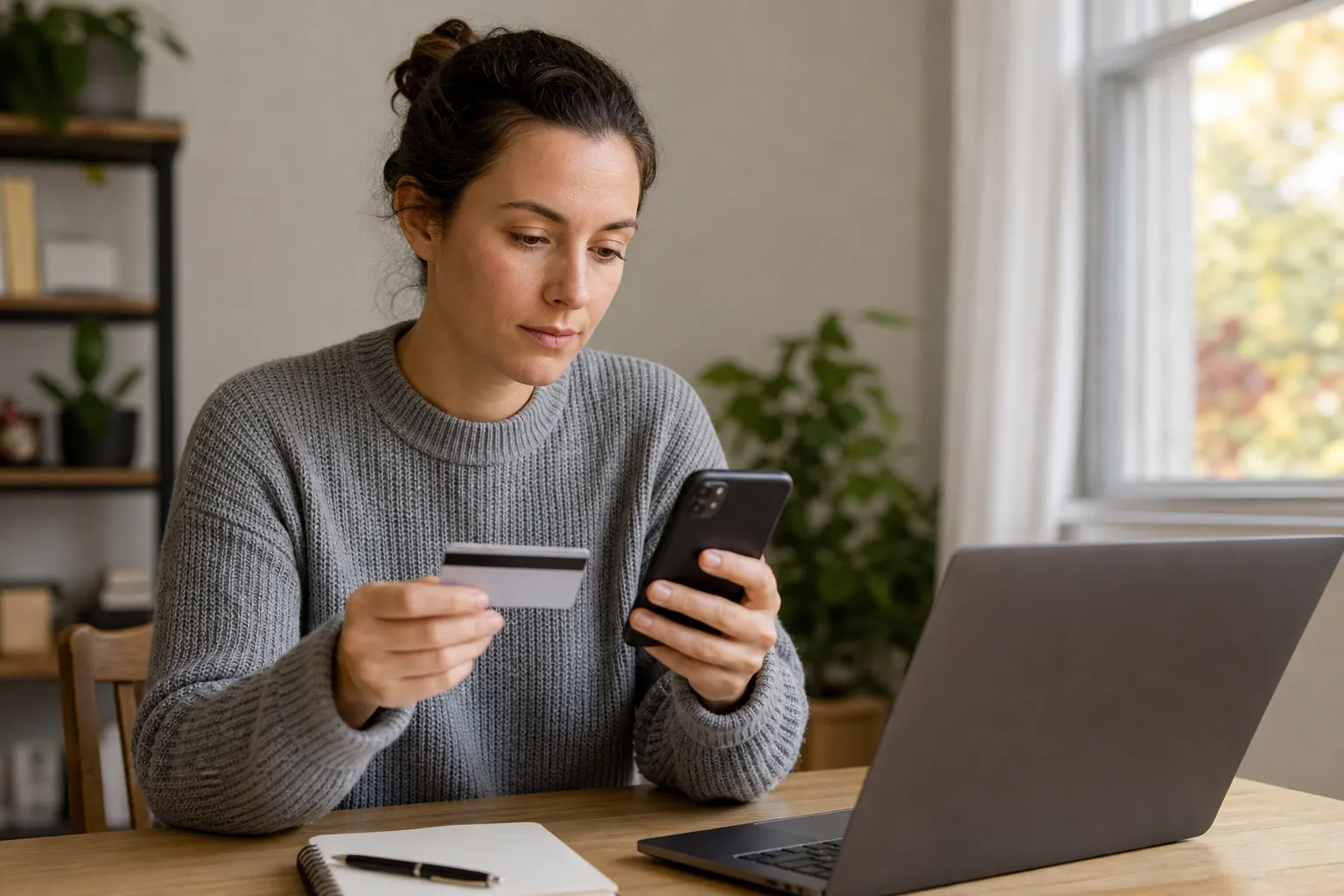 Woman Checking a Card Beside Her Smartphone A woman holds a magnetic-stripe card and looks at her smartphone beside an open laptop and notebook at a wooden table.