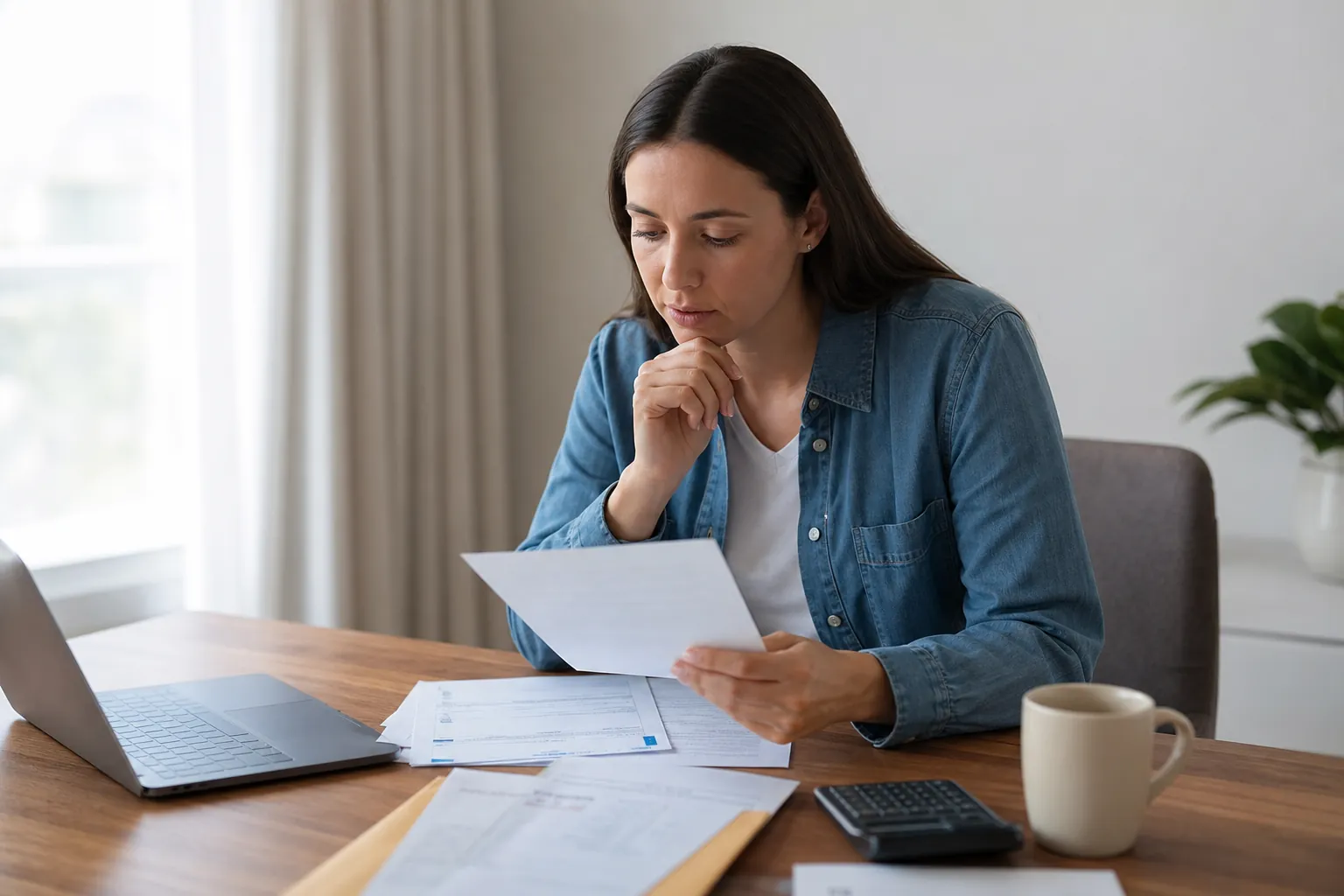 A woman reviews paperwork at a wooden table with an open laptop, calculator, mug, and documents on a folder.