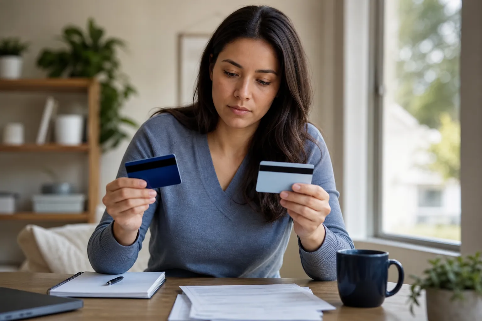 A woman compares two cards with magnetic stripes while sitting at a desk with paperwork, a notebook, and a mug.