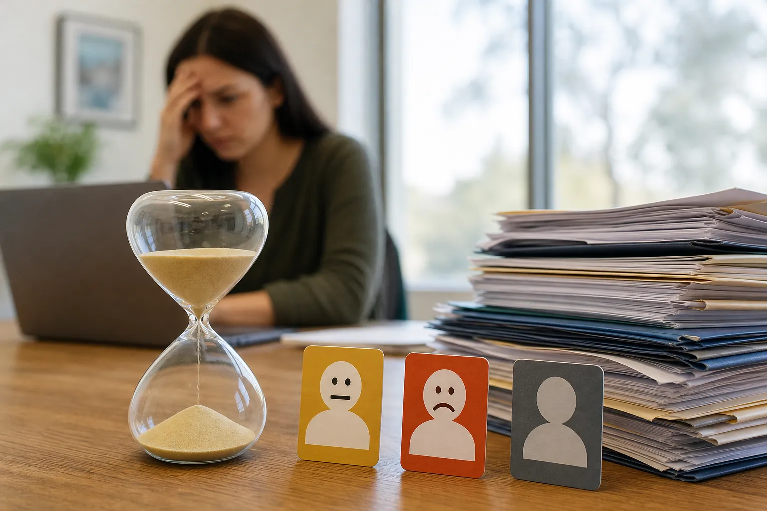 Worried Woman With Hourglass and Stacked Paperwork A worried woman sits at a laptop behind an hourglass, three cards with face icons, and a tall stack of paperwork.