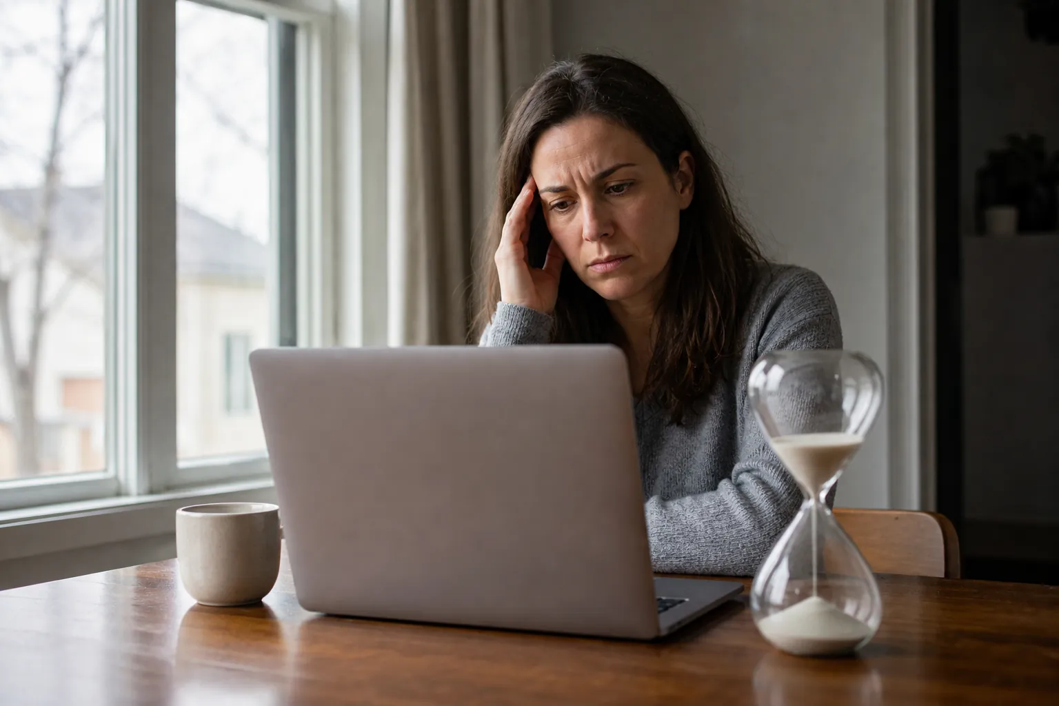 Worried Woman at Laptop With Hourglass A worried woman holds her temple while looking at a laptop, with an hourglass and mug on a wooden table beside a window.