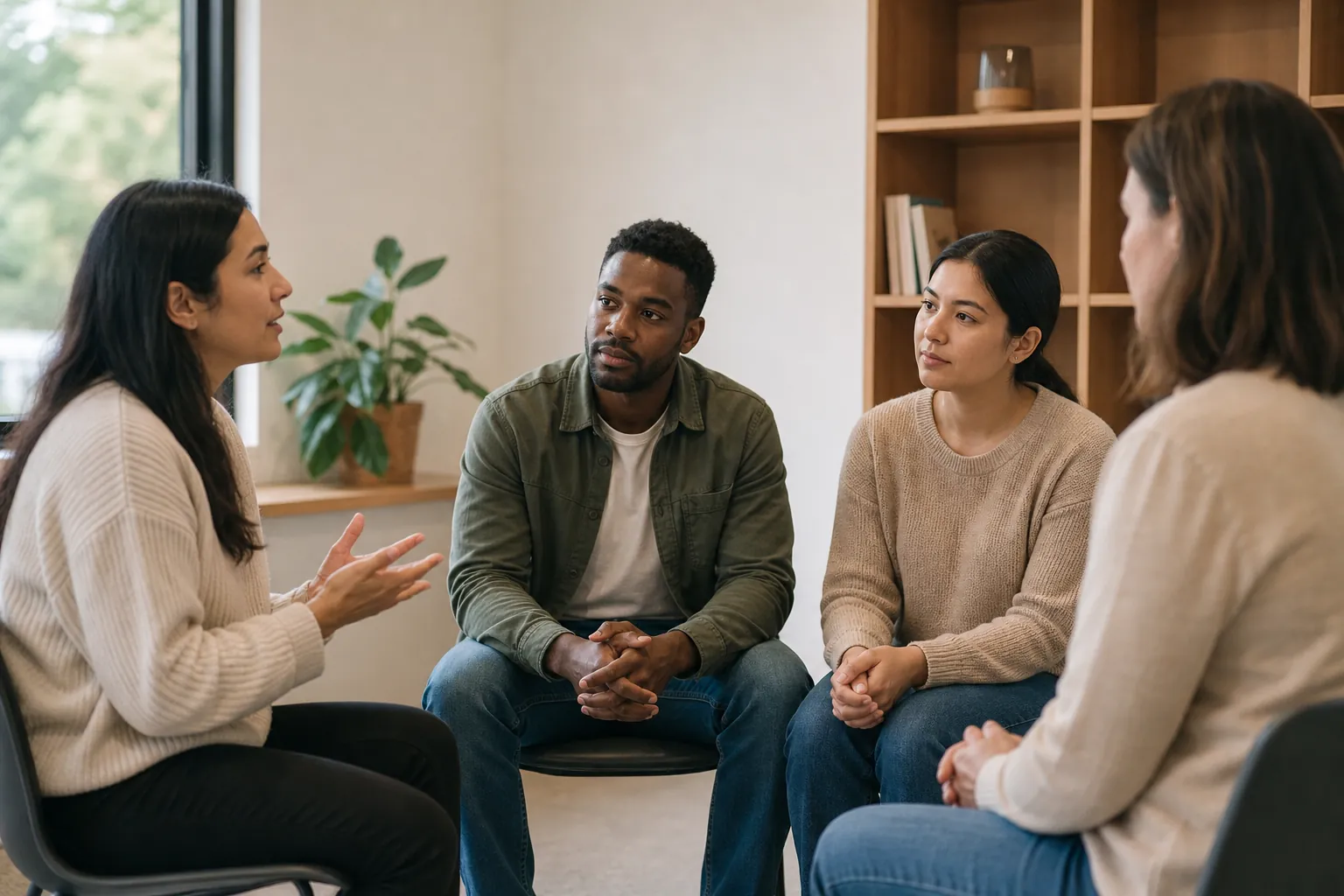Four adults sit in a circle in a bright room, listening as one woman gestures during a group discussion.