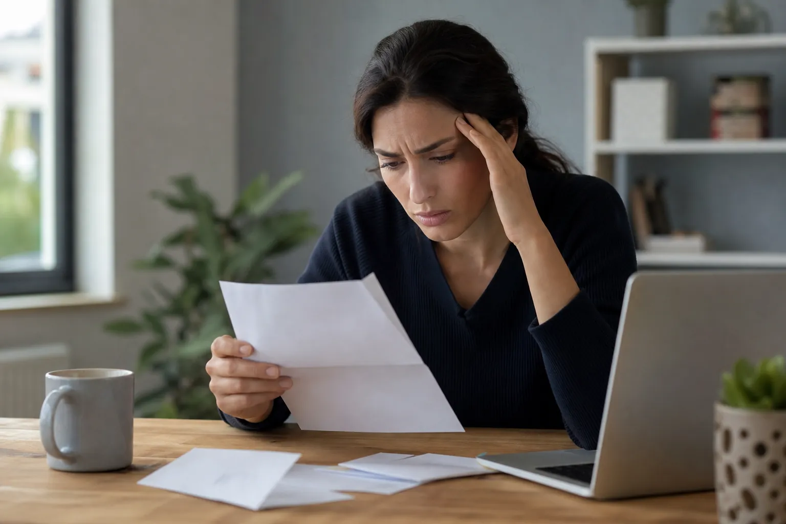 A concerned woman holds paperwork with one hand at her temple, seated at a wooden table beside a laptop and mug.