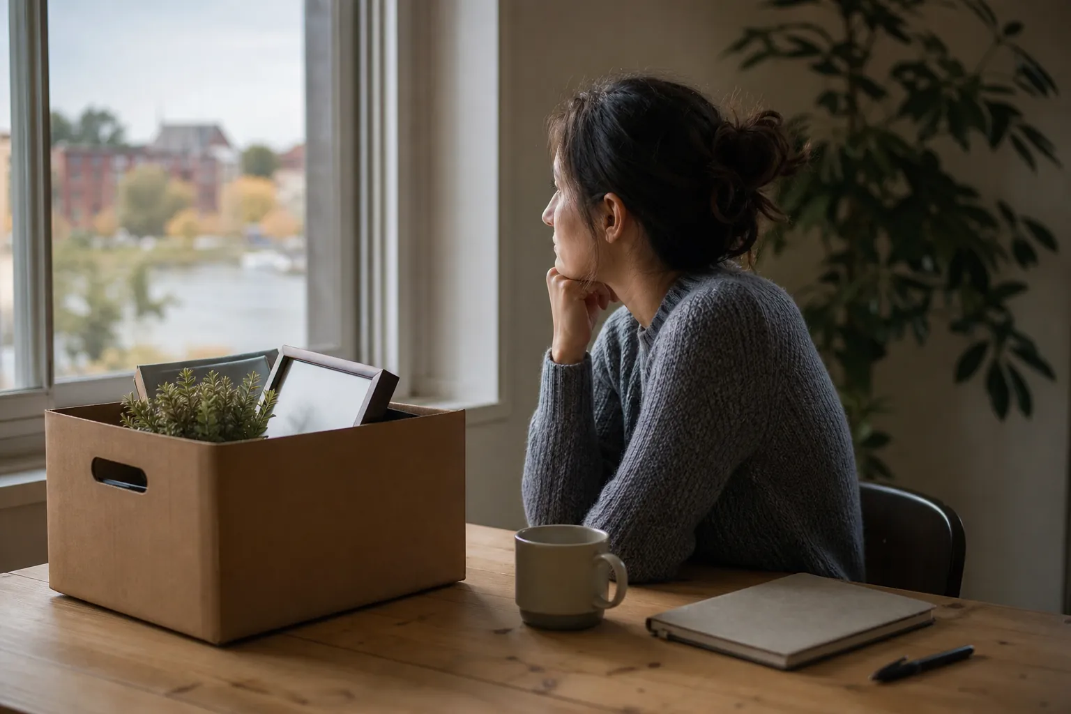 Woman Reflecting Beside Packed Office Belongings A woman gazes out a window beside a box of office belongings, with a mug, notebook and pen on the wooden table.