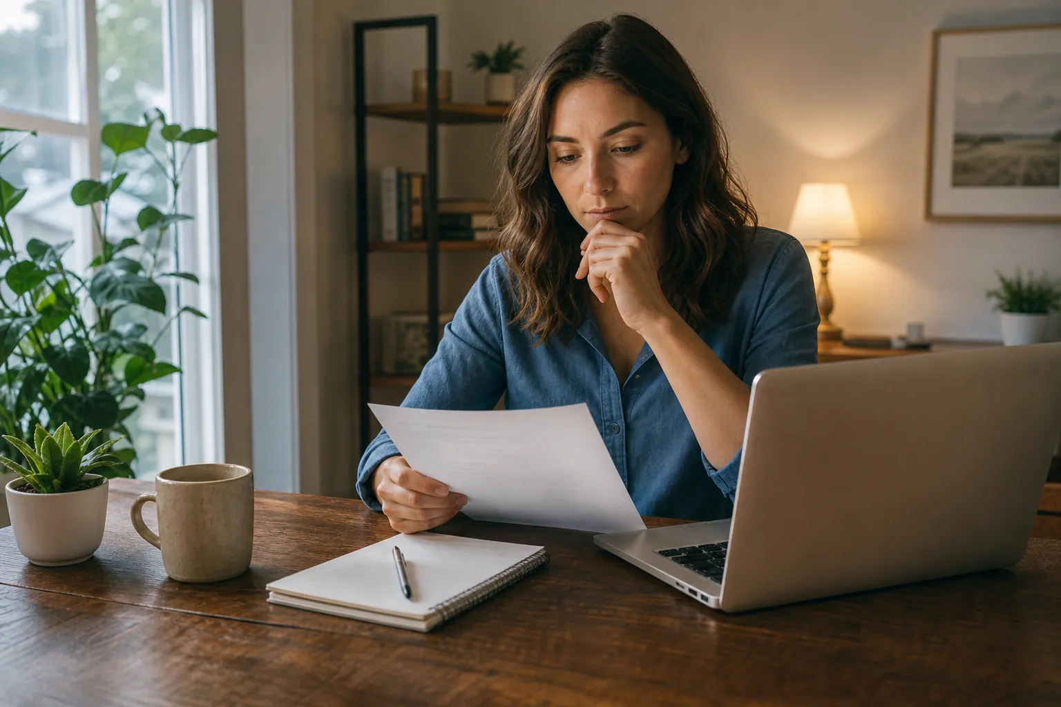 Woman Reviewing Paperwork Beside a Laptop A woman rests her hand beneath her chin while reviewing a paper at a wooden desk with a laptop, notebook, and mug.