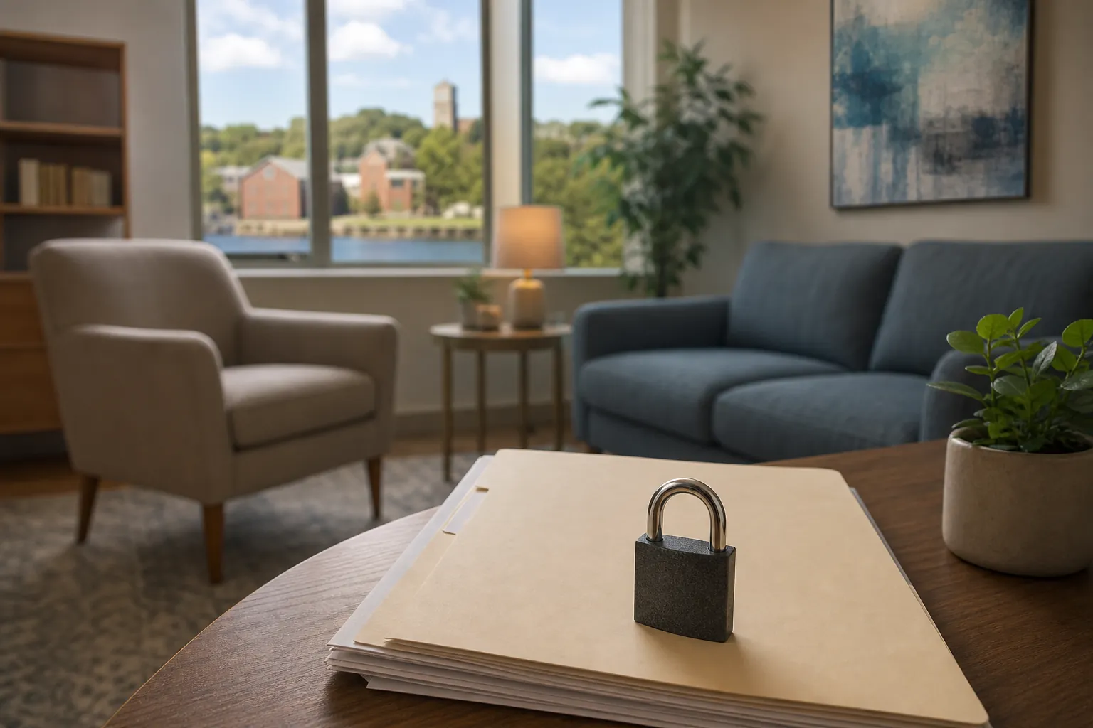 A padlock rests on paper folders on a wooden table, with an armchair, blue sofa, and plants in a quiet counseling office.