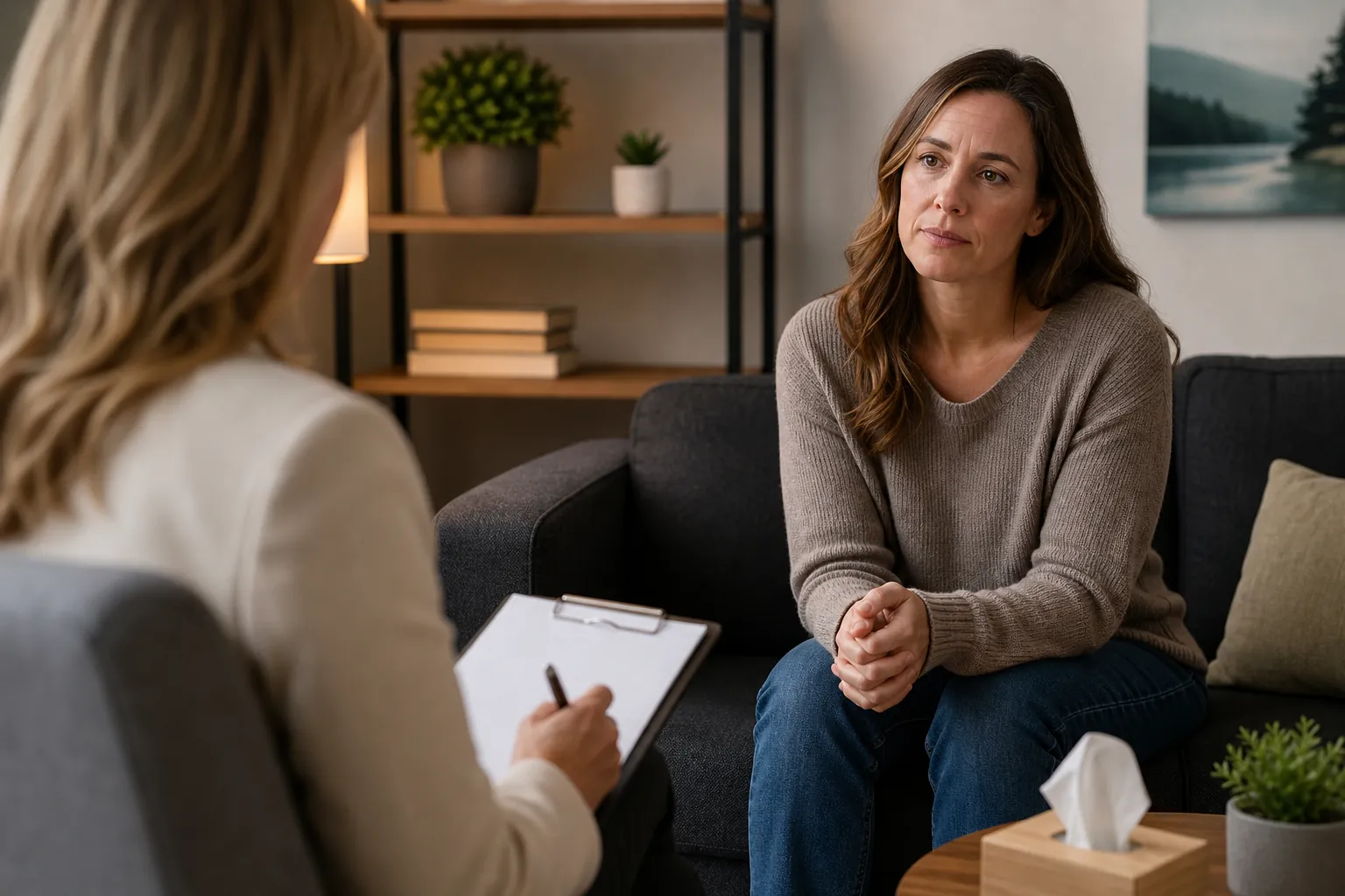 A woman sits on a dark sofa with her hands clasped, facing another woman holding a pen and clipboard in a counseling office.