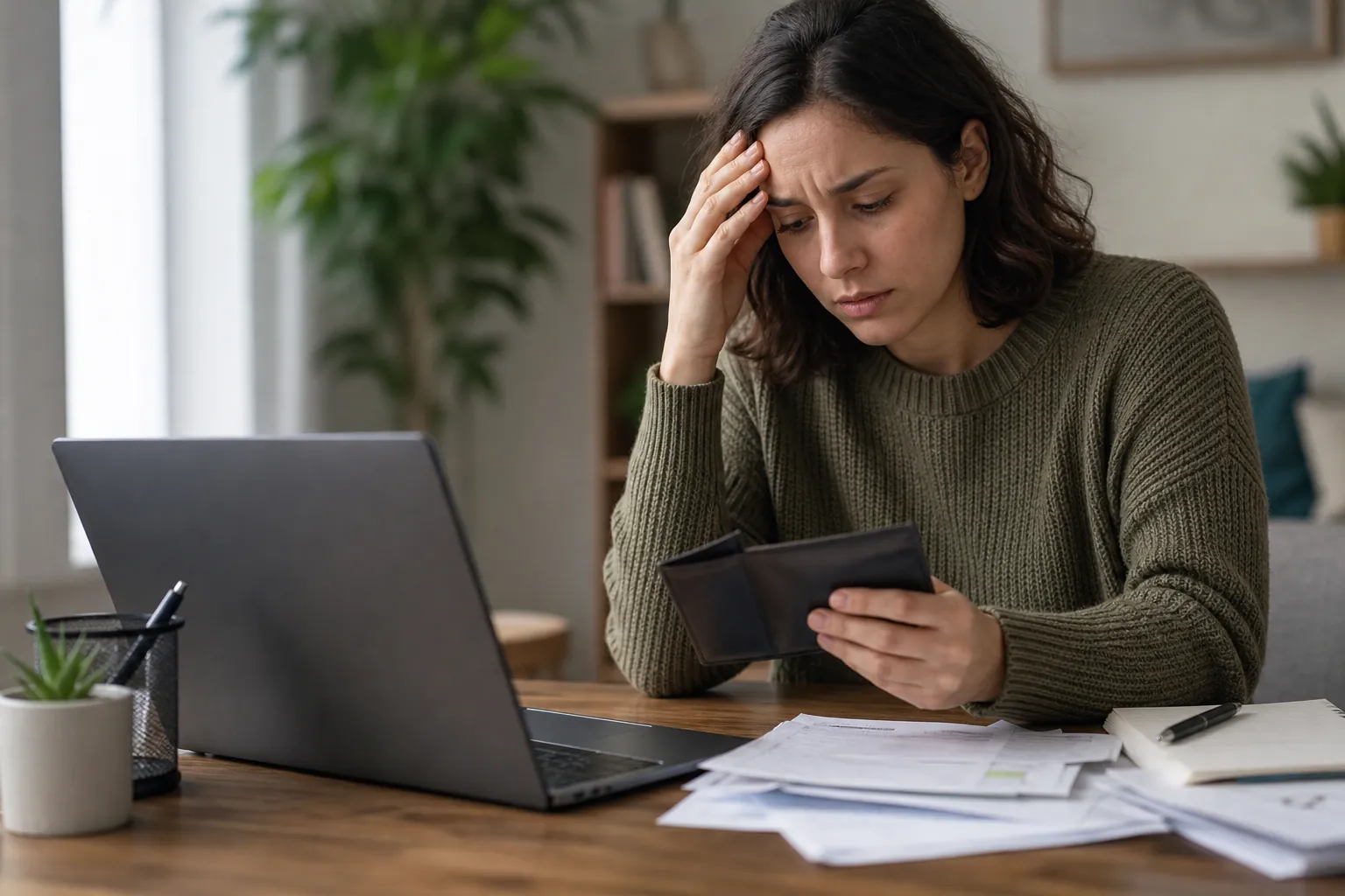 Worried Woman Checking Wallet Beside Laptop and Paperwork A worried woman holds an open wallet and touches her forehead beside a laptop and scattered paperwork.
