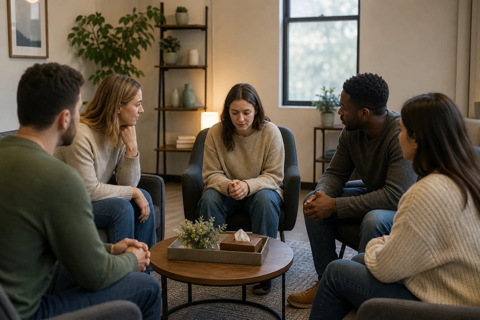 Five adults sit in a circle during a mental health support group, with a tissue box on a low table in a cozy room.