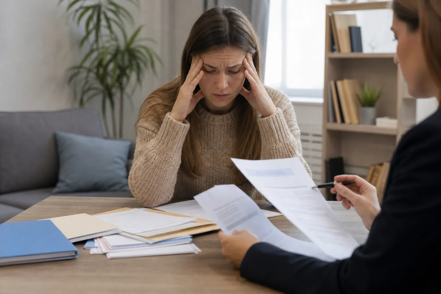 Distressed Woman During a Paperwork Review A distressed woman holds her temples while another woman reviews paperwork across a table covered with documents and folders.