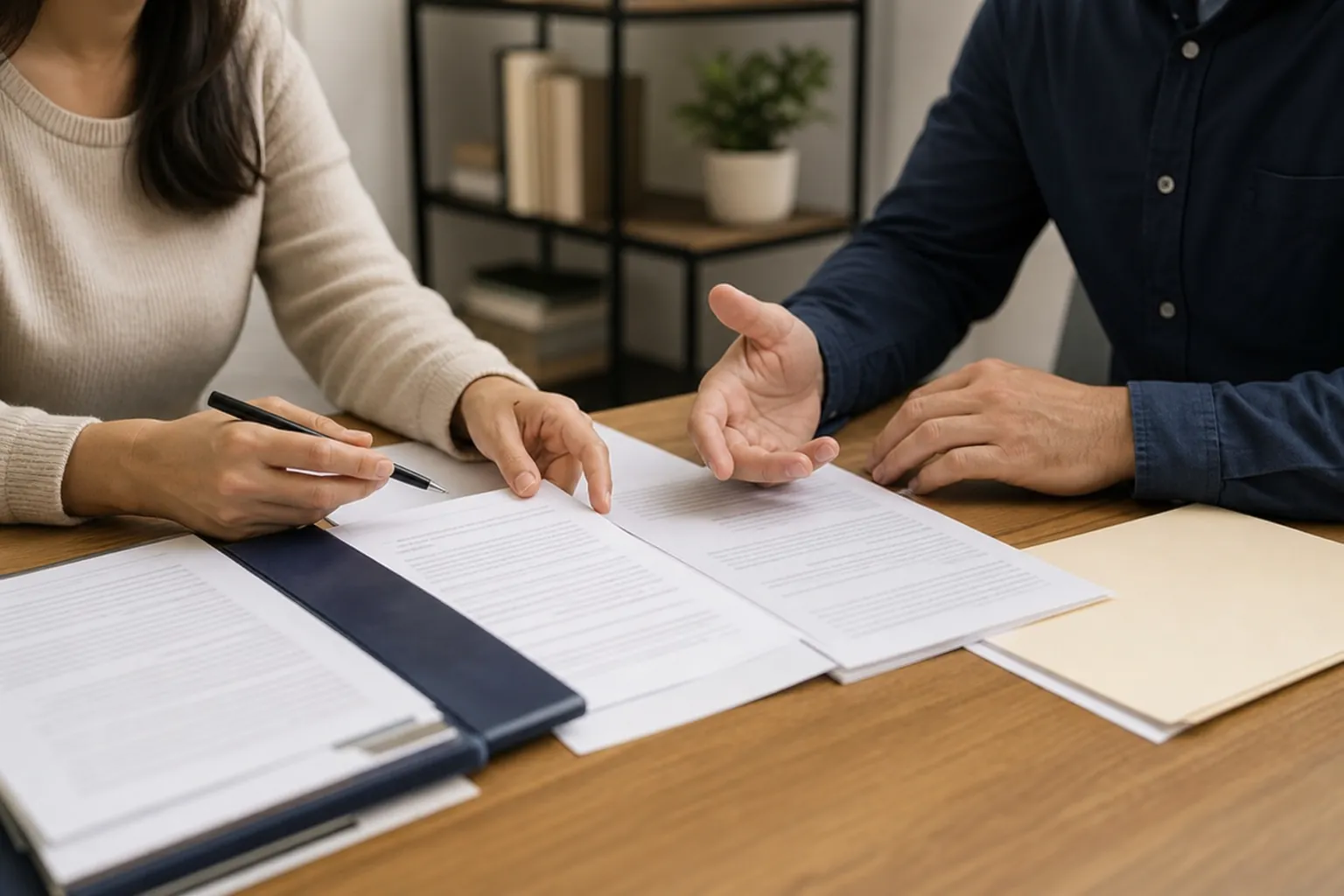 Two People Reviewing Coverage Paperwork at a Table Two people review printed documents at a wooden table, with one holding a pen and the other gesturing over the paperwork.