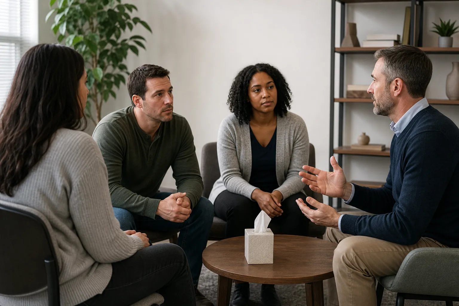 Four adults sit in a circle around a wooden table with tissues as one man gestures during a group discussion.