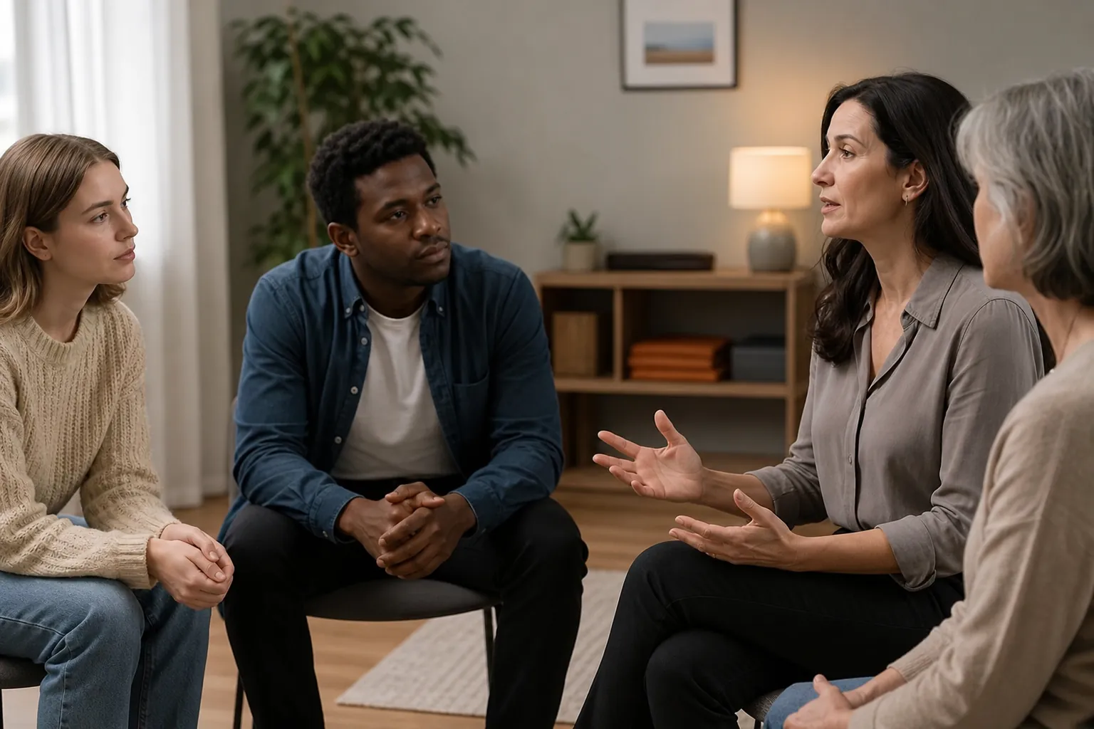 Four adults sit in a circle in a softly lit room, listening as a dark-haired woman gestures during a group discussion.