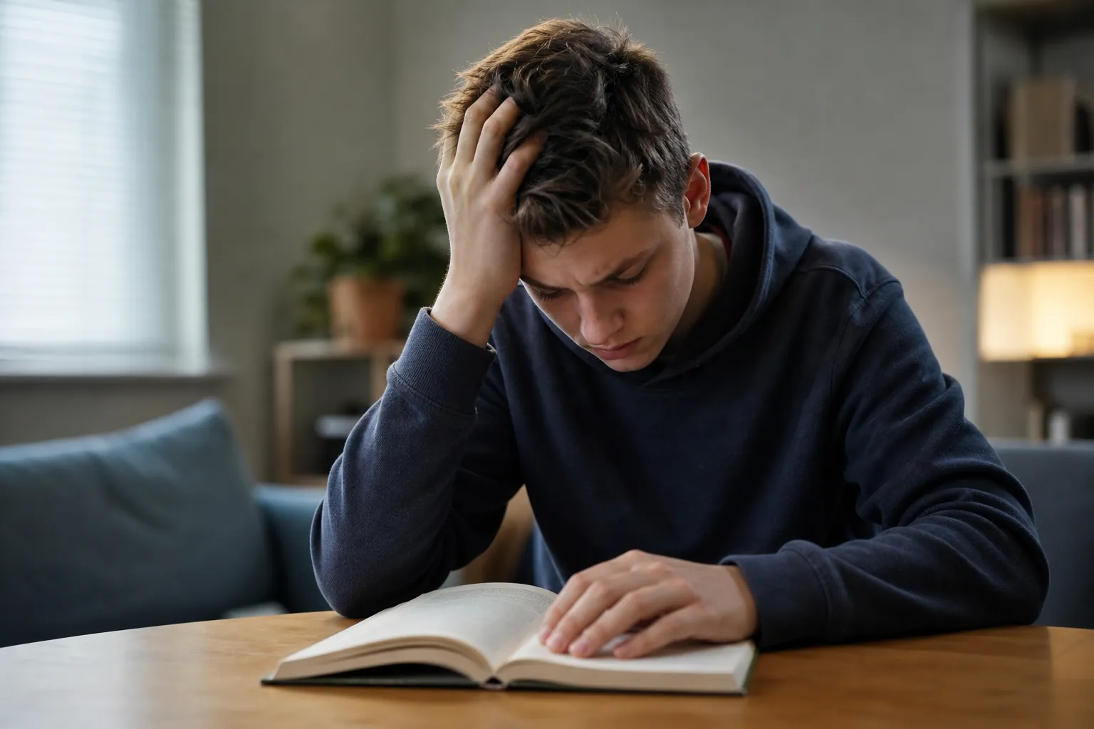 Young Man Looking Frustrated While Reading A young man in a navy hoodie looks down at an open book, holding his head with one hand and resting the other on the pages.
