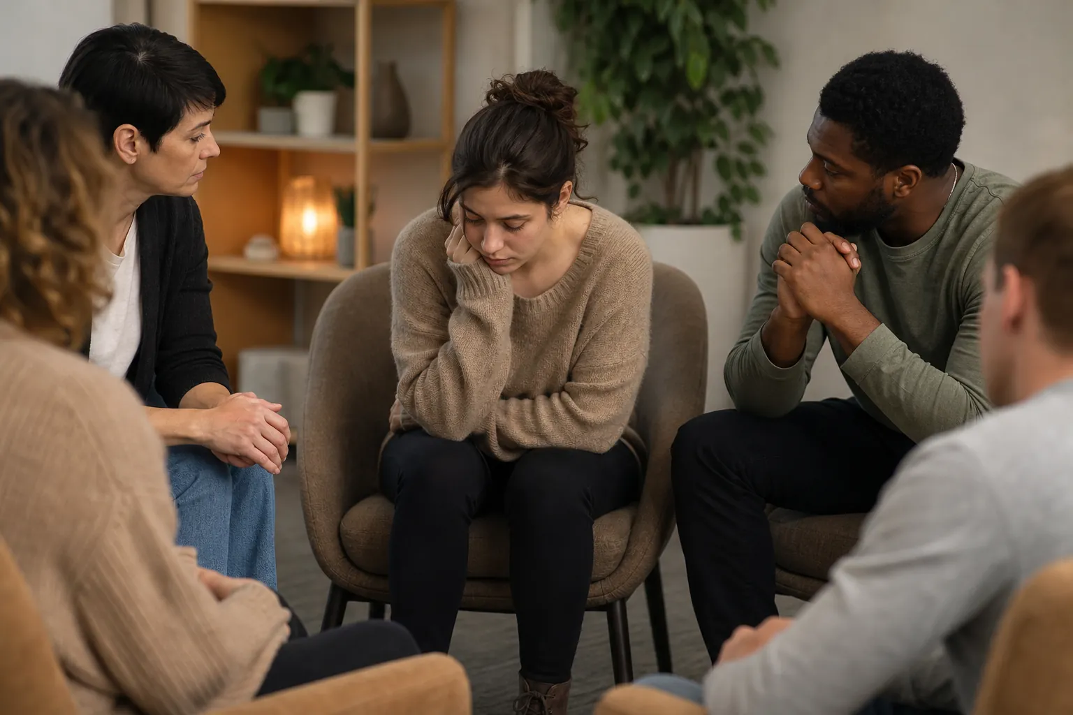 Supportive Group Session With a Downcast Woman Five adults sit in a supportive group circle as a woman in the center looks down with her cheek resting on her hand.