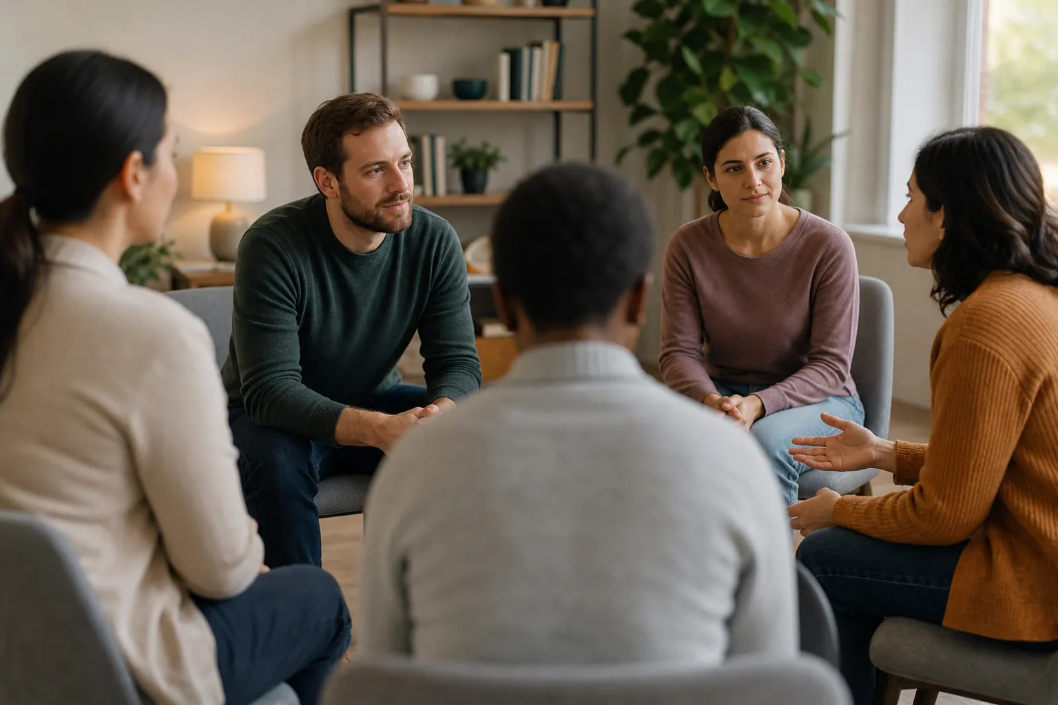 Adults Participating in a Supportive Group Discussion Five adults sit in a circle in a softly lit room, listening as a woman in a mustard cardigan gestures during a group discussion.