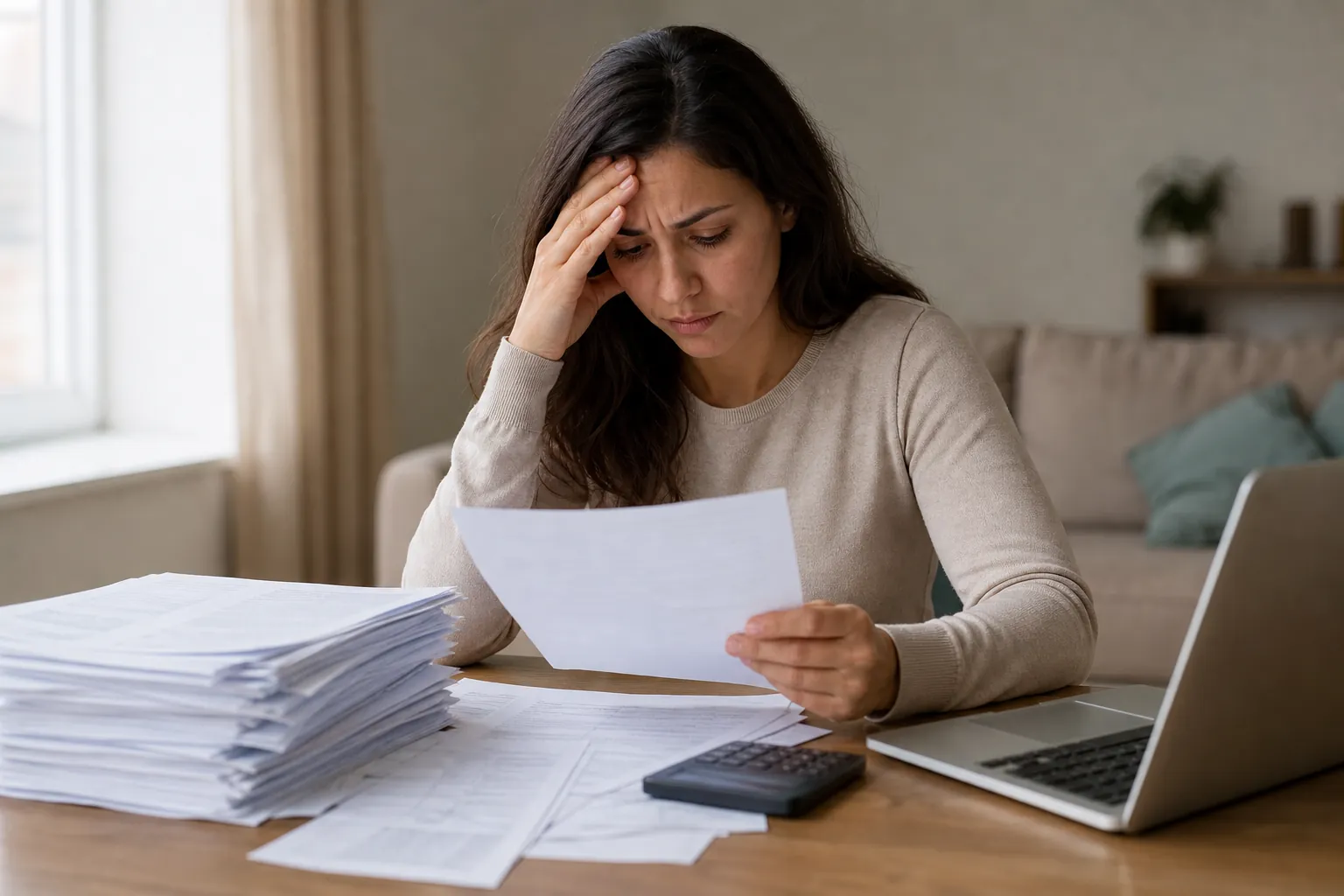 Worried Woman Reviewing Paperwork Beside a Laptop A worried woman holds a document with one hand against her forehead, seated beside stacks of paperwork, a calculator, and a laptop.