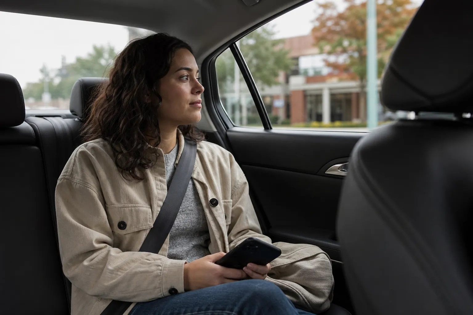 A woman wearing a seat belt sits in a car's back seat, holding a smartphone and looking out the side window.