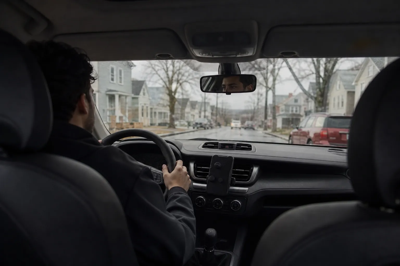 A driver holds the steering wheel on a residential street, viewed from the back seat, with an empty phone mount on the dashboard.