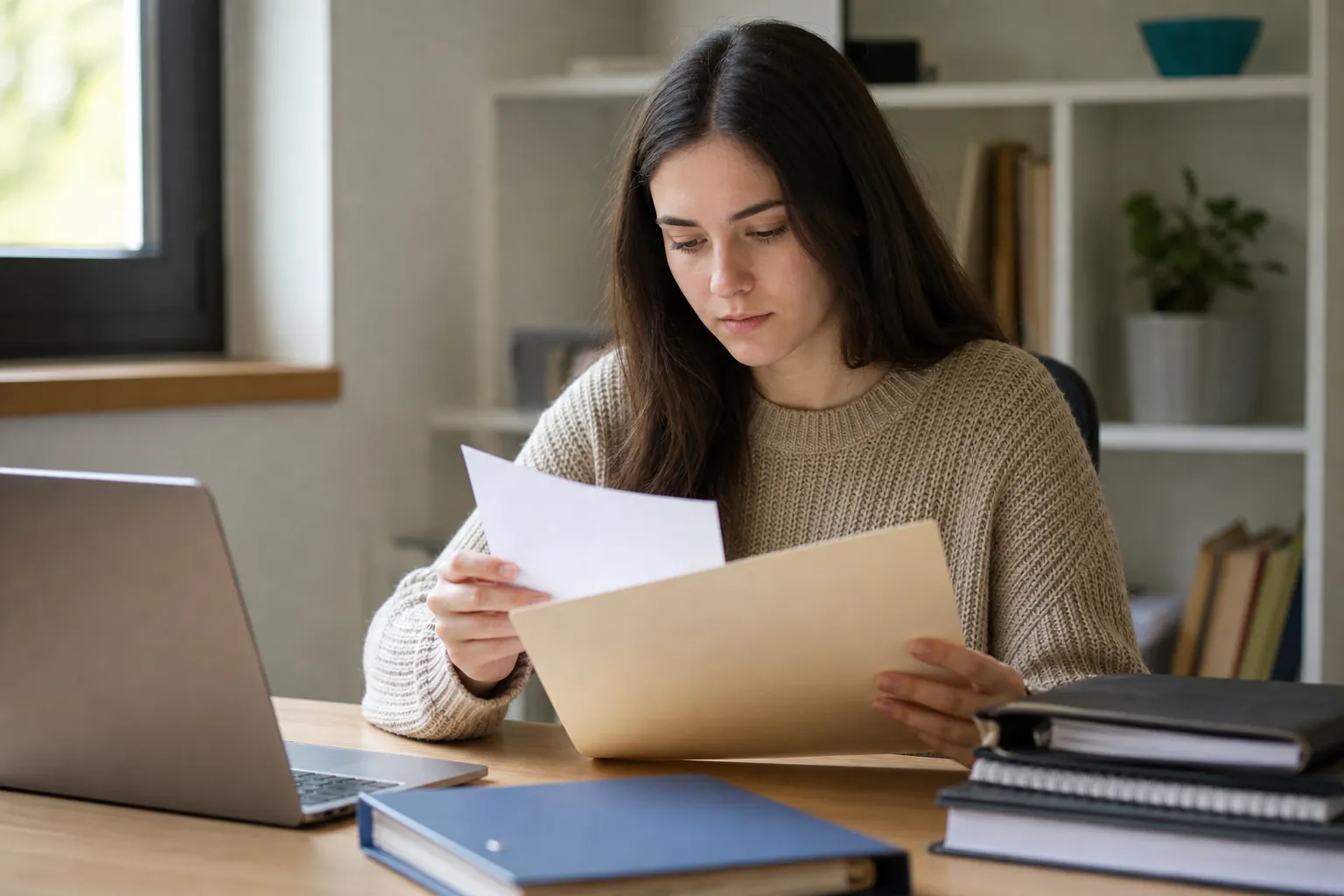 A woman reviews a paper and tan folder at a wooden desk beside an open laptop, a blue binder, and stacked notebooks.