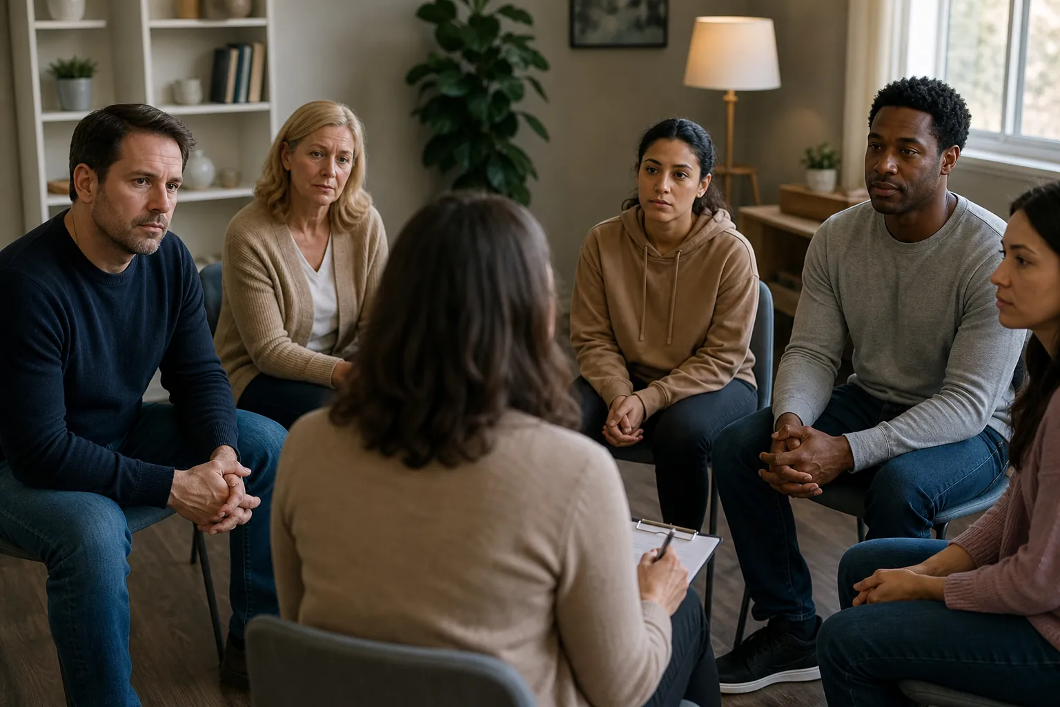 Group Counseling Session With Facilitator Taking Notes A facilitator holds a clipboard and pen while five adults sit in a circle during a group counseling session.