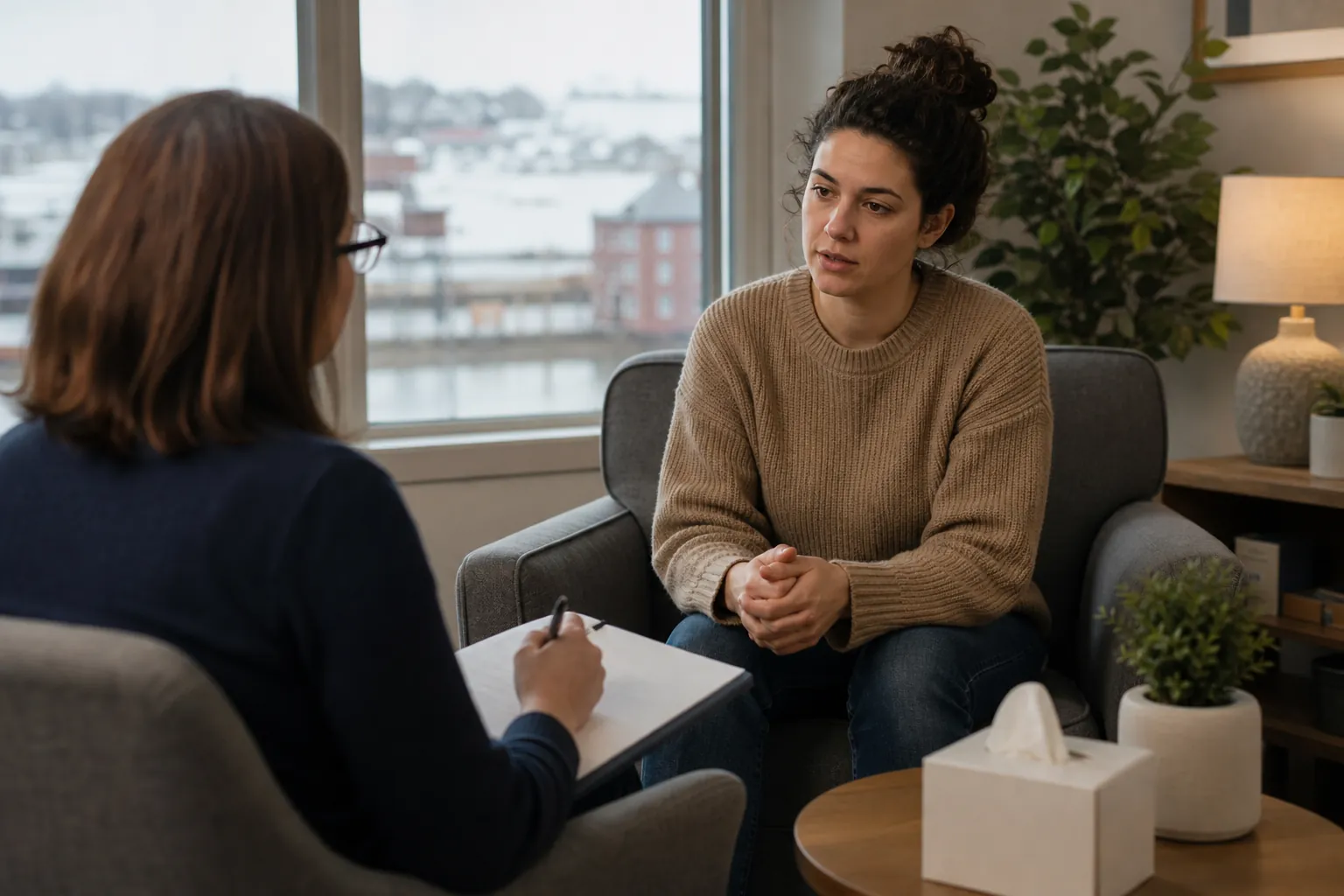 A woman with clasped hands talks with a note-taking counselor in an office with armchairs, plants, and a tissue box.