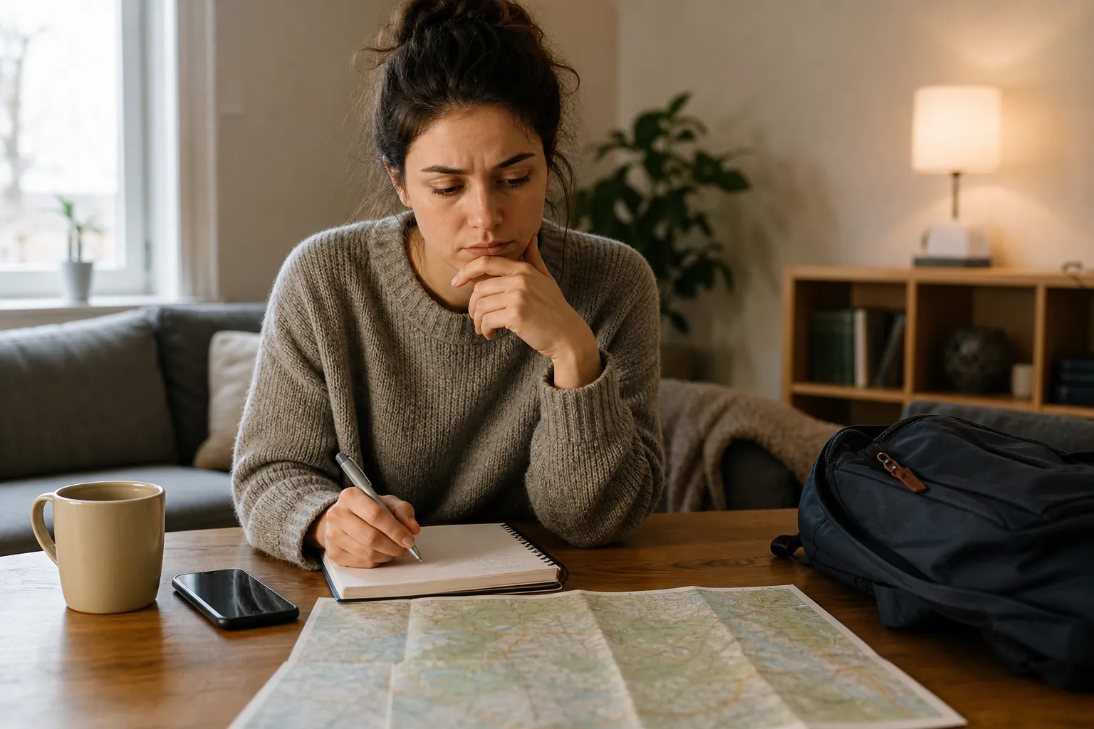 A concerned woman writes in a notebook at a table with a folded map, smartphone, mug, and backpack nearby.