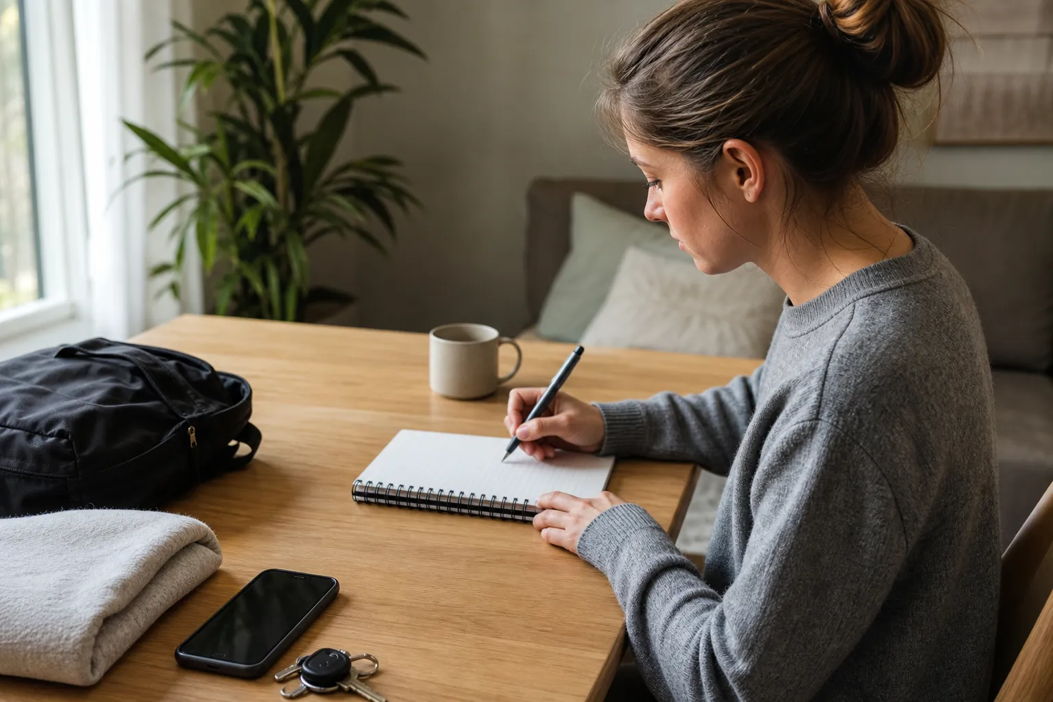 A woman writes in a spiral notebook at a wooden table with a backpack, phone, keys, folded towel, and mug nearby.