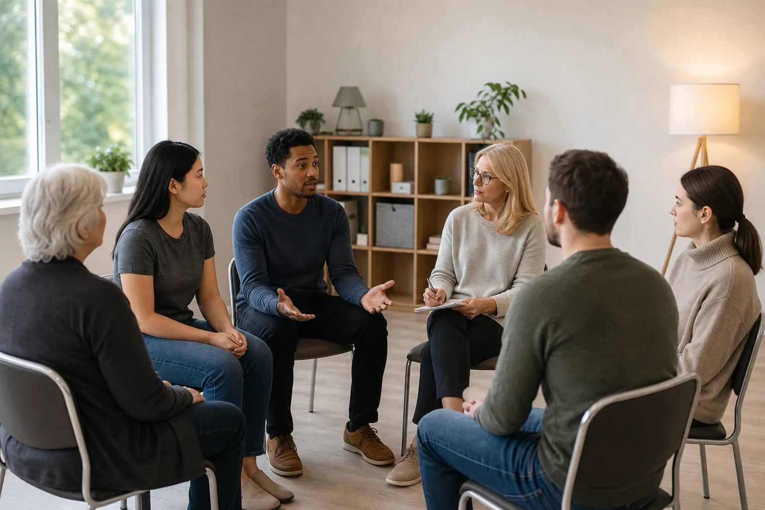 Six adults sit in a therapy circle as a man gestures while speaking and a woman with glasses holds a notebook.