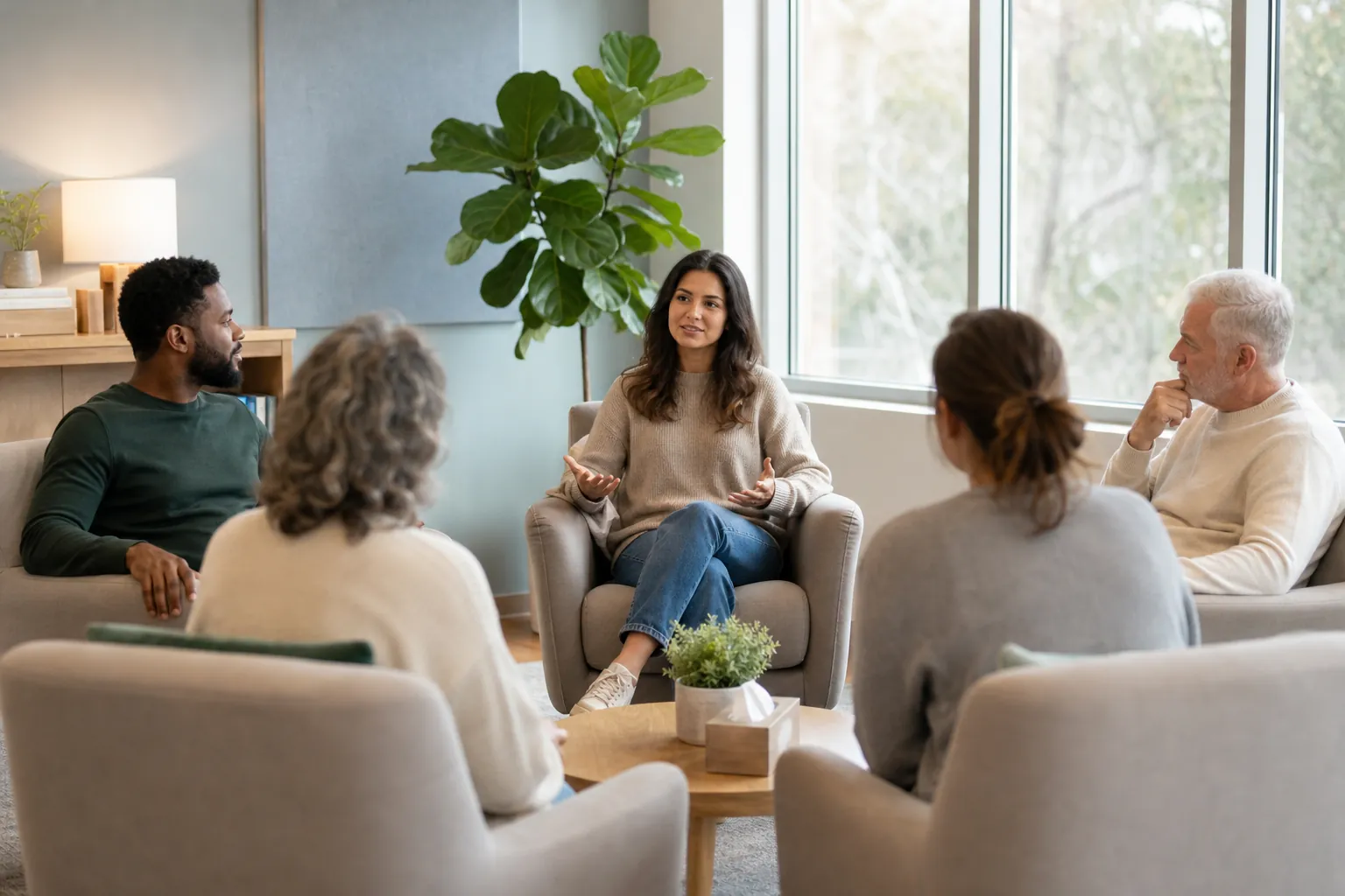 Group Therapy Discussion in a Bright Sitting Room Five adults sit in a circle in a bright room as a woman gestures during a group discussion, with tissues on a coffee table.