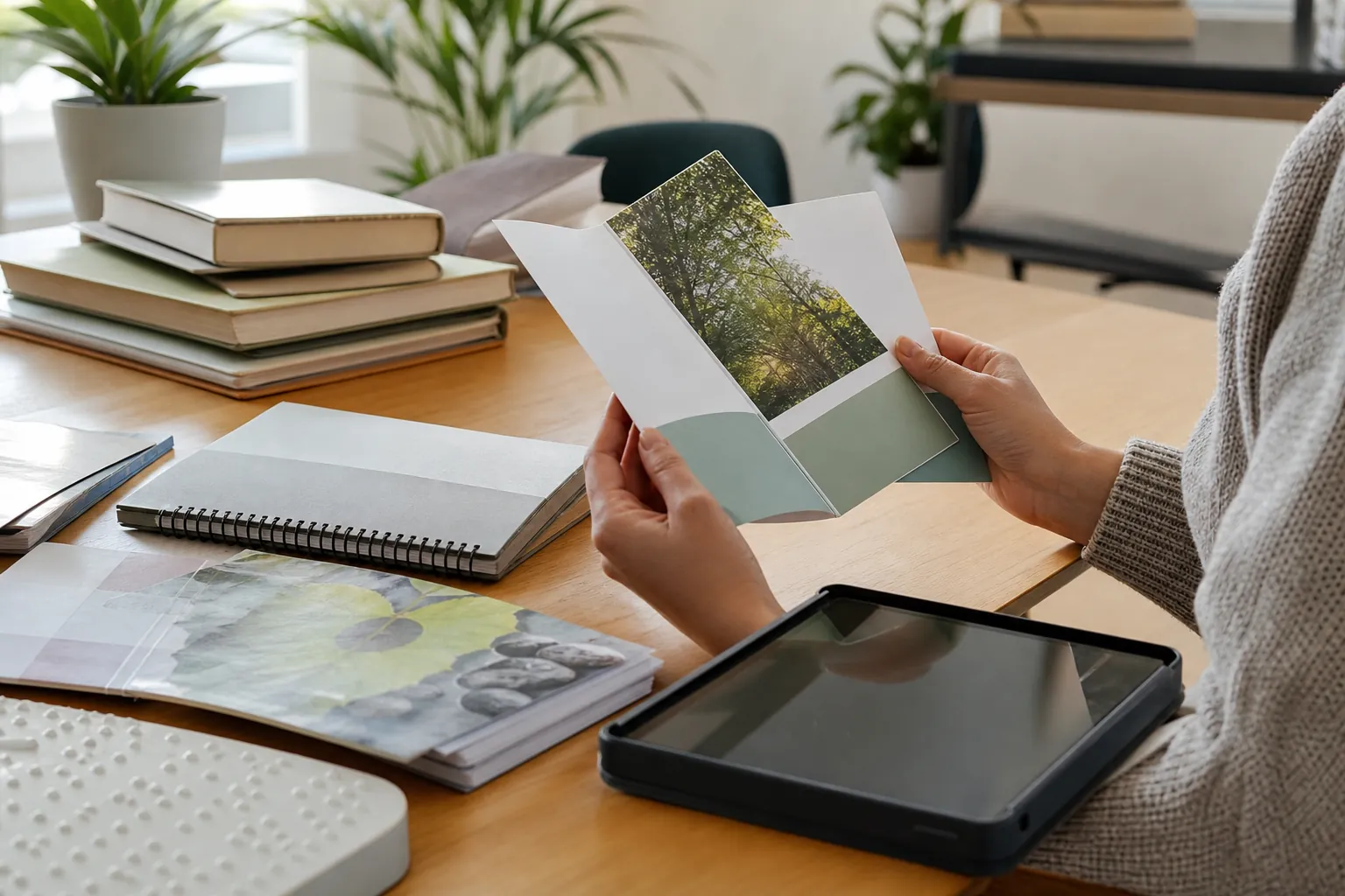 Reviewing Printed and Digital Materials for Accessibility A person holds a folded brochure at a desk with books, a spiral notebook, a tablet, and a raised-dot tactile board.