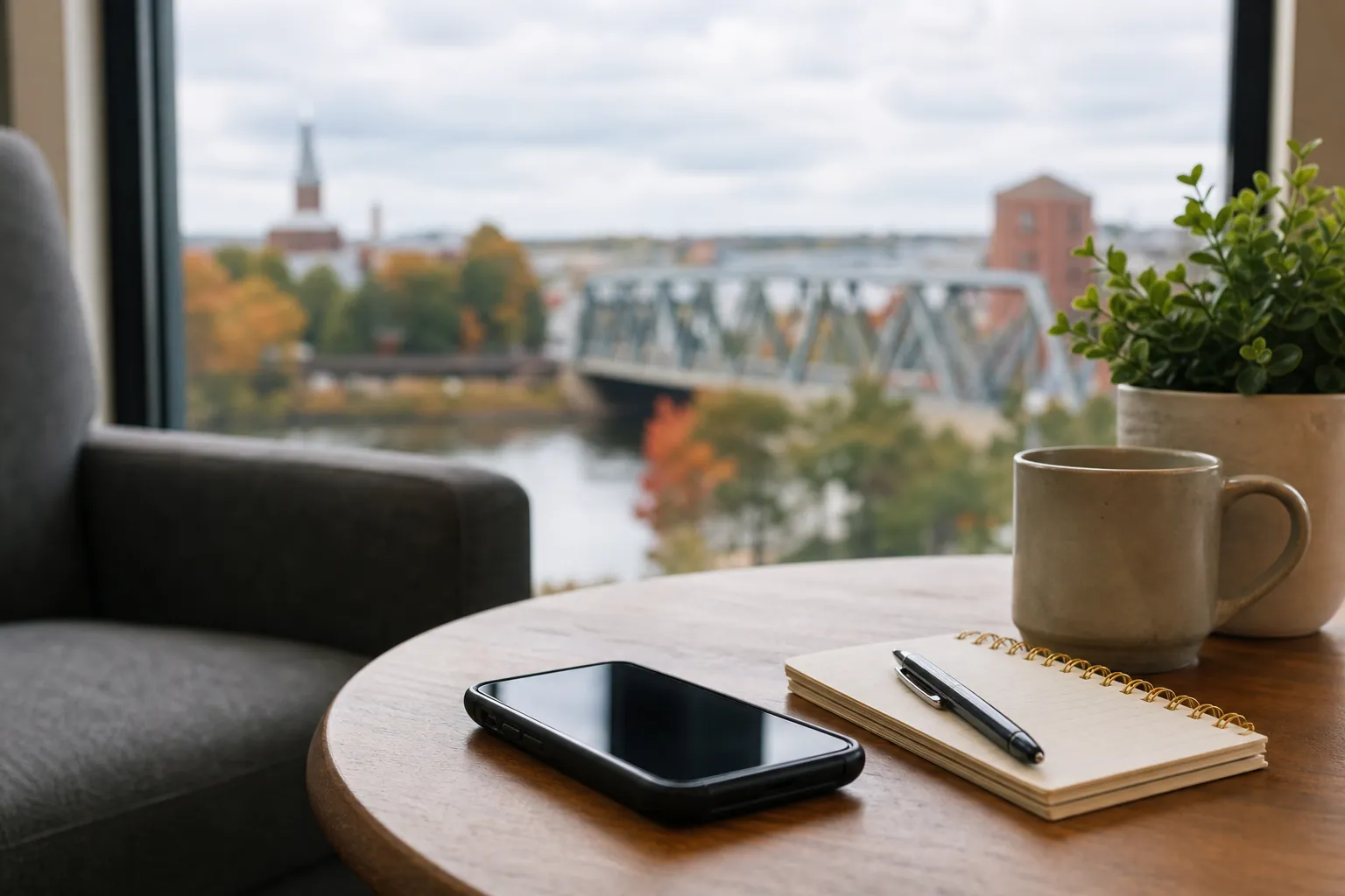 Smartphone, spiral notebook, pen and ceramic mug on a wooden table beside a window overlooking a river and steel bridge.